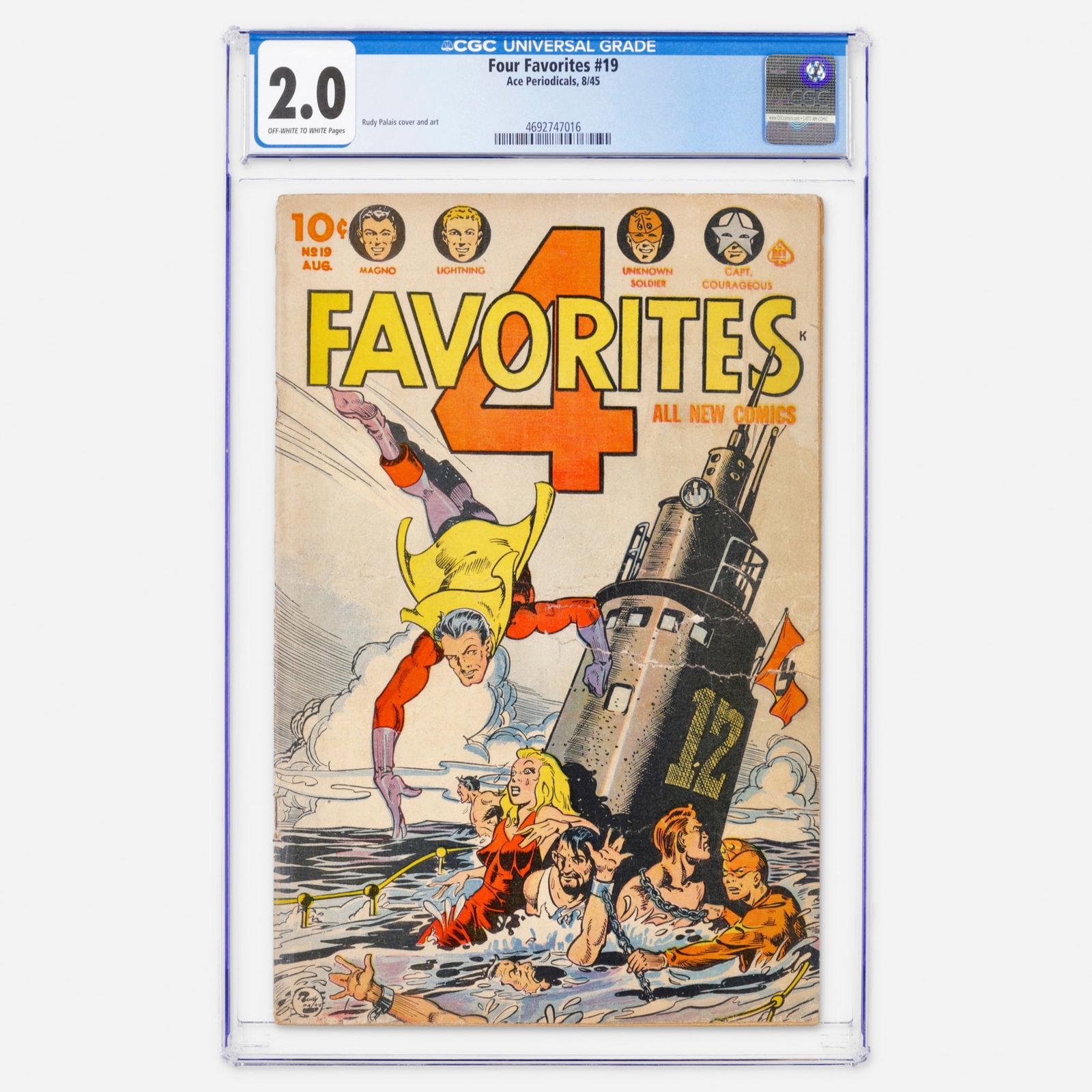 Ace Periodicals Four Favorites #19 CGC 2.0: Ace Periodicals Four Favorites #19 CGC 2.0 USA 1945 This mid-forties Golden Age anthology features the dynamic and detailed work of Rudy Palais, who provided both the cover and interior art. The issue