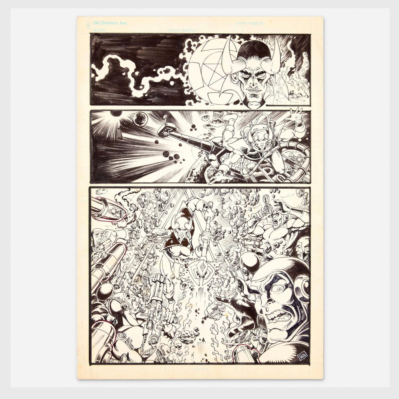 Paris Cullins, Blue Devil Unpublished Story Page Original Art (DC Comics, 1984): Paris Cullins Blue Devil Unpublished Story Page Original Art (DC Comics, 1984) pencil and ink on Bristol board 16.5 h x 11.25 w in (42 x 29 cm) Condition Notes: Some wear along corn