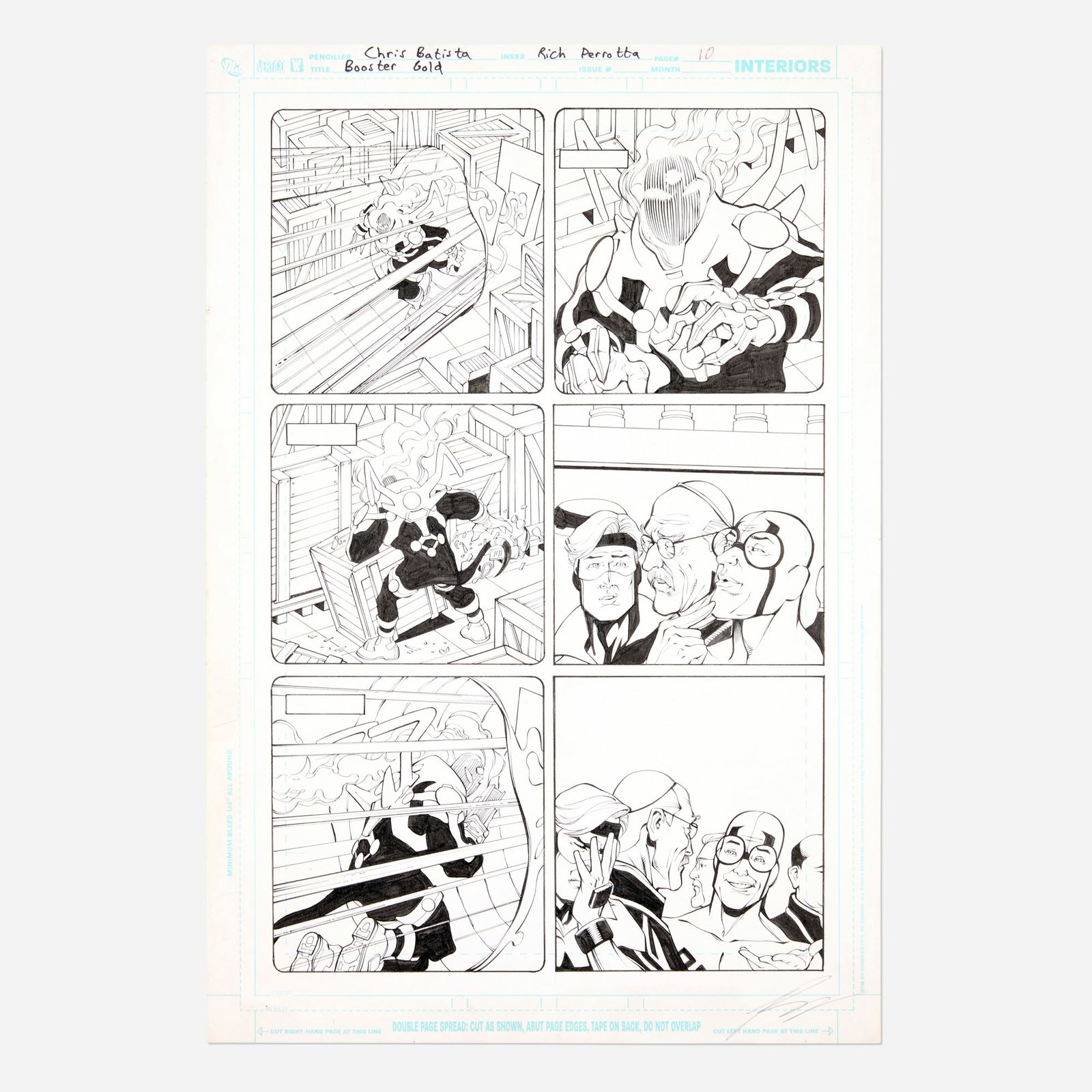 Chris Batista and Rich Perrotta, Booster Gold #34 Story Page 10 Original Art (DC Comics, 2010): Chris Batista and Rich Perrotta Booster Gold #34 Story Page 10 Original Art (DC Comics, 2010) USA pencil and ink on Bristol board 17 h x 11.5 w in (43 x 29 cm) Condition Notes: