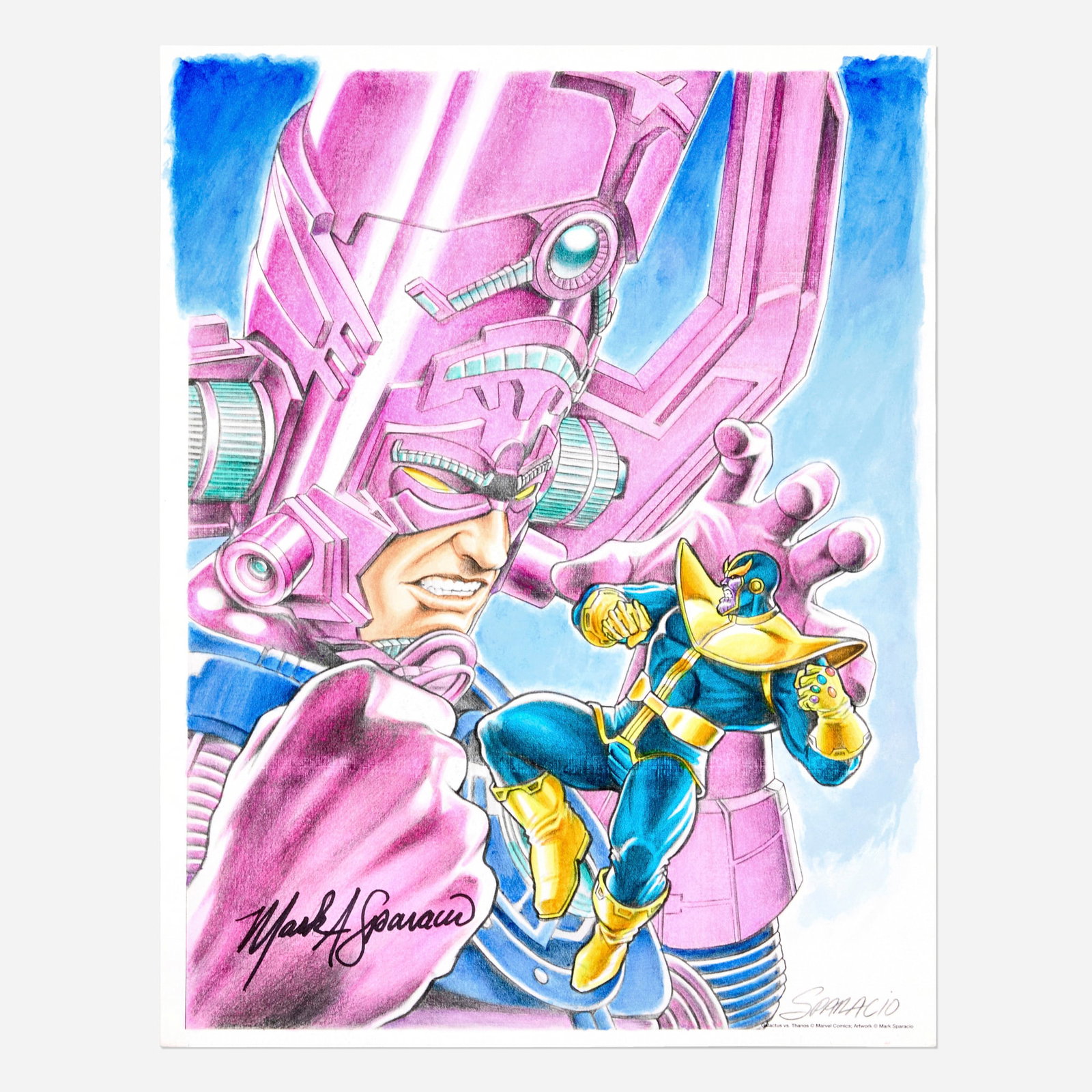 Mark Sparacio, Galactus and Thanos Watercolor Painting: Mark Sparacio Galactus and Thanos Watercolor Painting blueline pencils and watercolor on cardstock 11 h x 8.5 w in (28 x 22 cm) Condition Notes: Some wear along corners and edges. A
