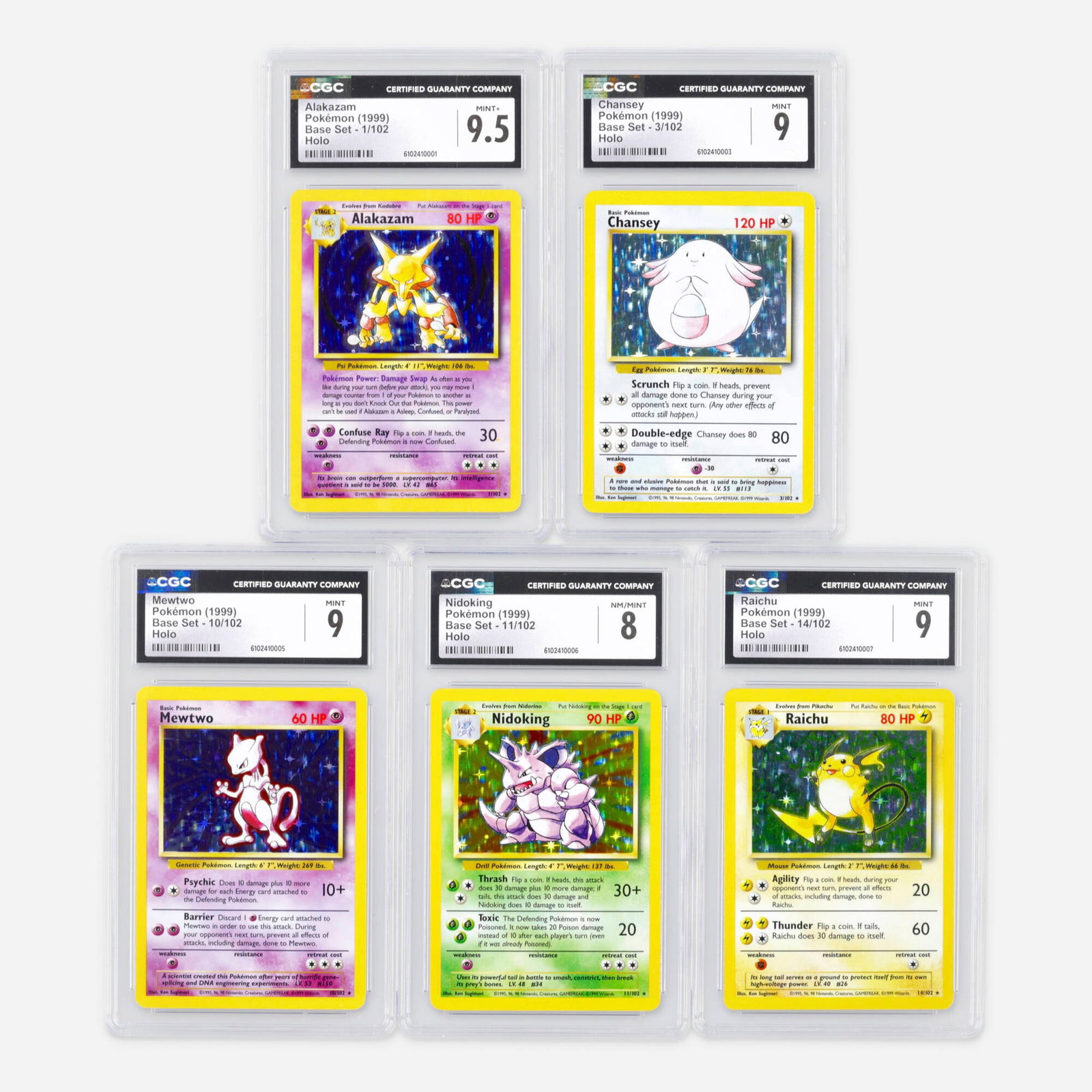 Five 1999 Pokemon Base Set Holo CGC Trading Card Group: Five 1999 Pokemon Base Set Holo CGC Trading Card Group USA, 1999 1999 Pokemon Base Set 1/102 Alakazam Holo Trading Card CGC 9.5 CGC#: 6102410001 Population: 61 In 9