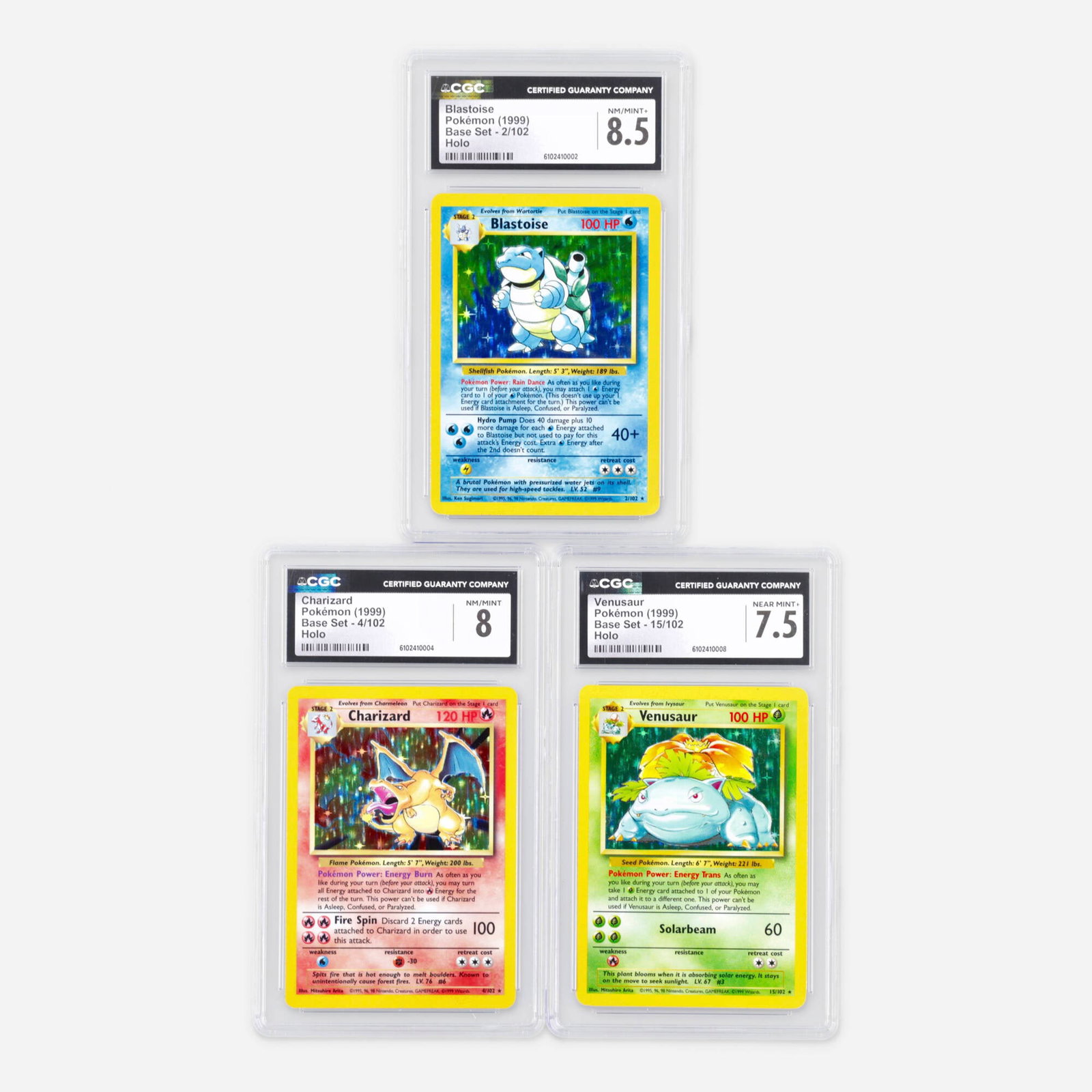 Three 1999 Pokemon Base Set Holo CGC Trading Card Group: Three 1999 Pokemon Base Set Holo CGC Trading Card Group USA, 1999 1999 Pokemon Base Set 2/102 Blastoise Holo Trading Card CGC 8.5 CGC#: 6102410002 Population: 1205