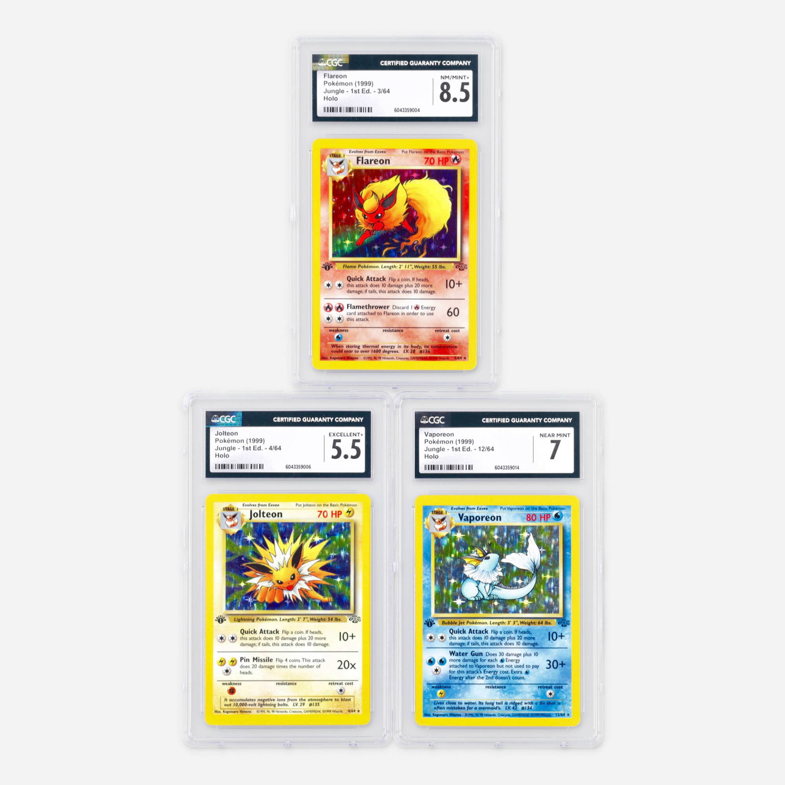 Three 1999 Pokemon Jungle 1st Edition Holo CGC Trading Card Group: Three 1999 Pokemon Jungle 1st Edition Holo CGC Trading Card Group USA, 1999 1999 Pokemon Jungle 1st Edition 4/64 Jolteon Holo Trading Card CGC 5.5 CGC#: 6043359006 Populati