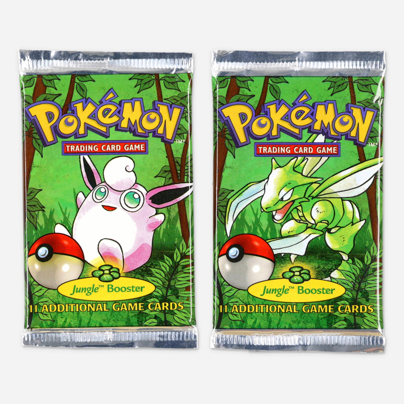 Two 1999 Pokemon Jungle Unlimited Booster Pack Factory Sealed Group: Two 1999 Pokemon Jungle Unlimited Booster Pack Factory Sealed Group USA, 1999 Featues Wigglytuff and Scyther pack art. Wigglytuff Pack Pack Weight: 20.9g Condition Note: Fac