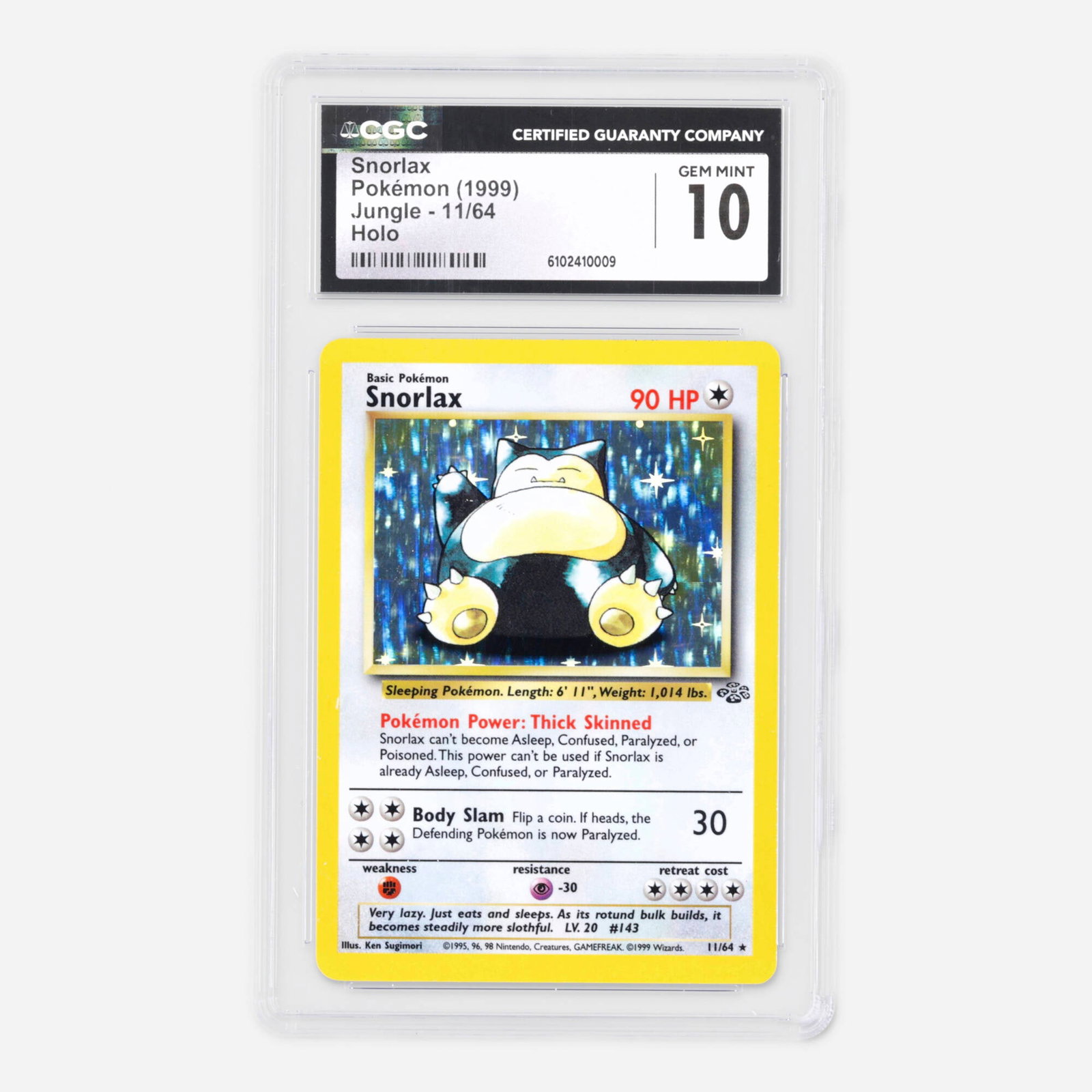 1999 Pokemon Jungle 11/64 Snorlax Holo Trading Card CGC 10: 1999 Pokemon Jungle 11/64 Snorlax Holo Trading Card CGC 10 USA, 1999 CGC#: 6102410009 Population: 56 In 10 Gem Mint, 2 Higher