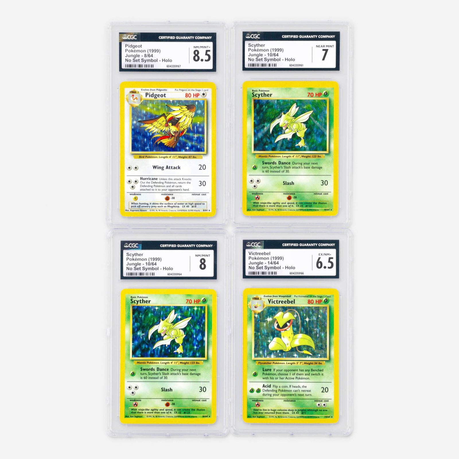 Four 1999 Pokemon Jungle No Set Symbol Holo CGC Trading Card Group: Four 1999 Pokemon Jungle No Set Symbol Holo CGC Trading Card Group USA, 1999 1999 Pokemon Jungle 8/64 Pidgeot No Set Symbol Holo Trading Card CGC 8.5 CGC#: 6043359167 Popula
