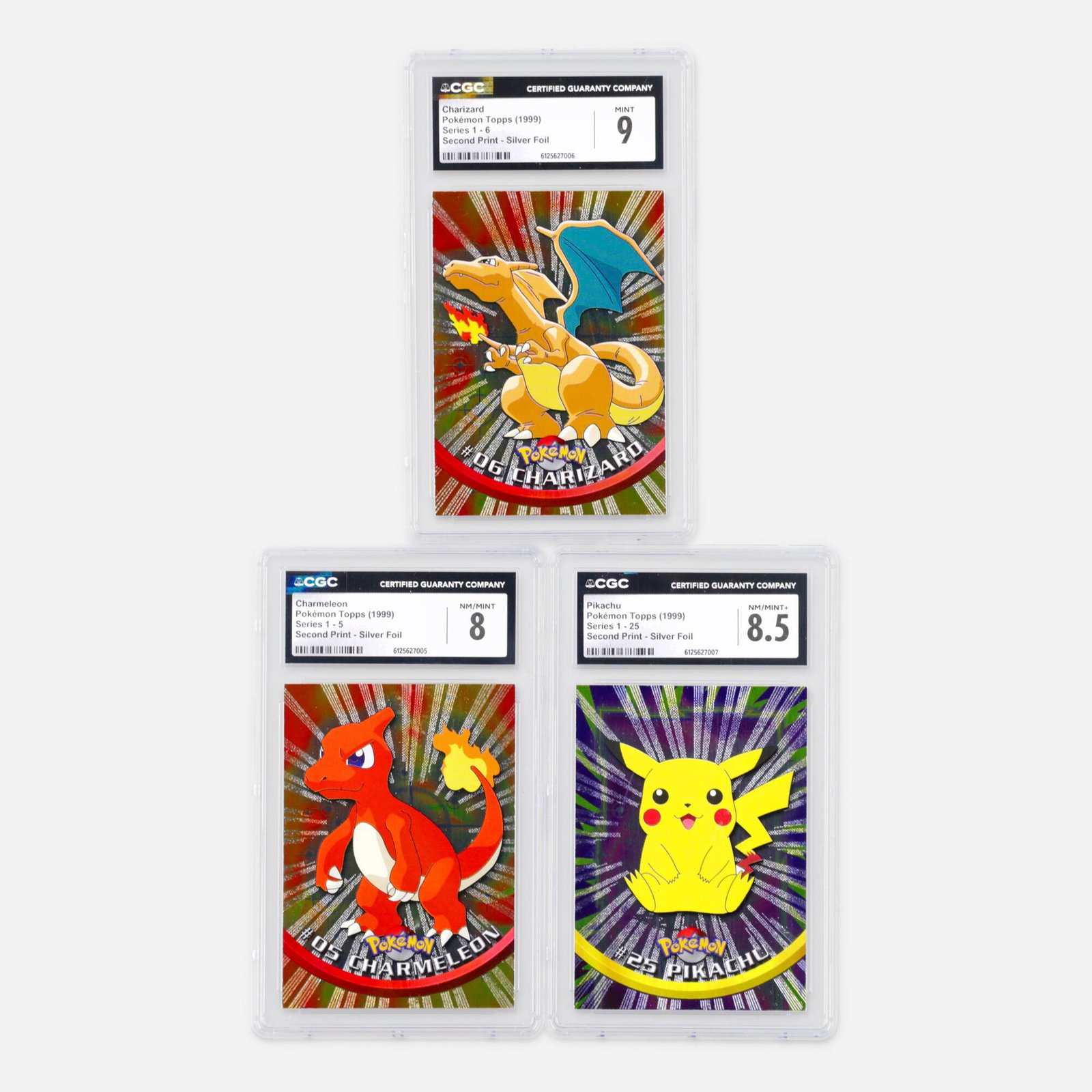 Three 1999 Topps Pokemon Series 1 Second Print Silver Foil CGC Trading Card Group: Three 1999 Topps Pokemon Series 1 Second Print Silver Foil CGC Trading Card Group USA, 1999 1999 Topps Pokemon Series 1 5 Charmeleon Second Print Silver Foil Trading Card CGC 8 CGC#: 6