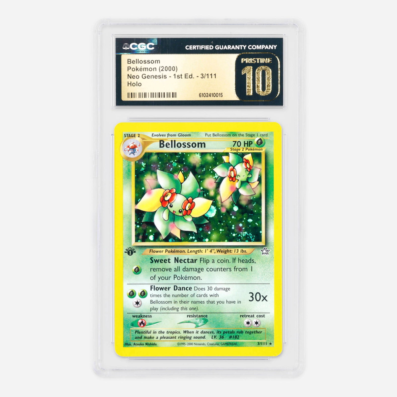 2000 Pokemon Neo Genesis 1st Edition 3/111 Bellossom Holo Trading Card CGC 10 Pristine: 2000 Pokemon Neo Genesis 1st Edition 3/111 Bellossom Holo Trading Card CGC 10 Pristine USA, 2000 CGC#: 6102410015 Population: 12 In 10 Pristine, 0 Higher