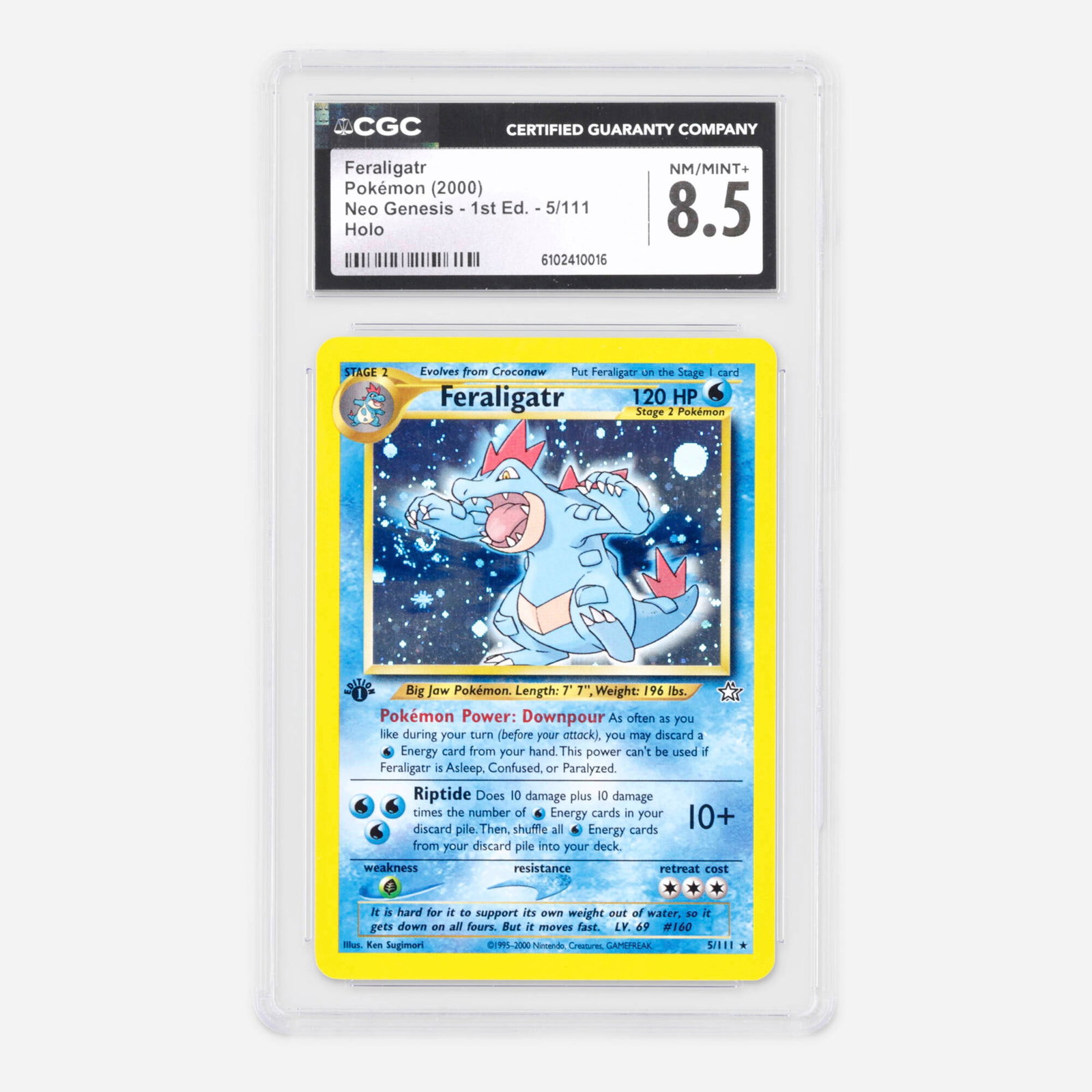 2000 Pokemon Neo Genesis 1st Edition 5/111 Feraligatr Holo Trading Card CGC 8.5: 2000 Pokemon Neo Genesis 1st Edition 5/111 Feraligatr Holo Trading Card CGC 8.5 USA, 2000 CGC#: 6102410016 Population: 79 In 8.5, 164 Higher