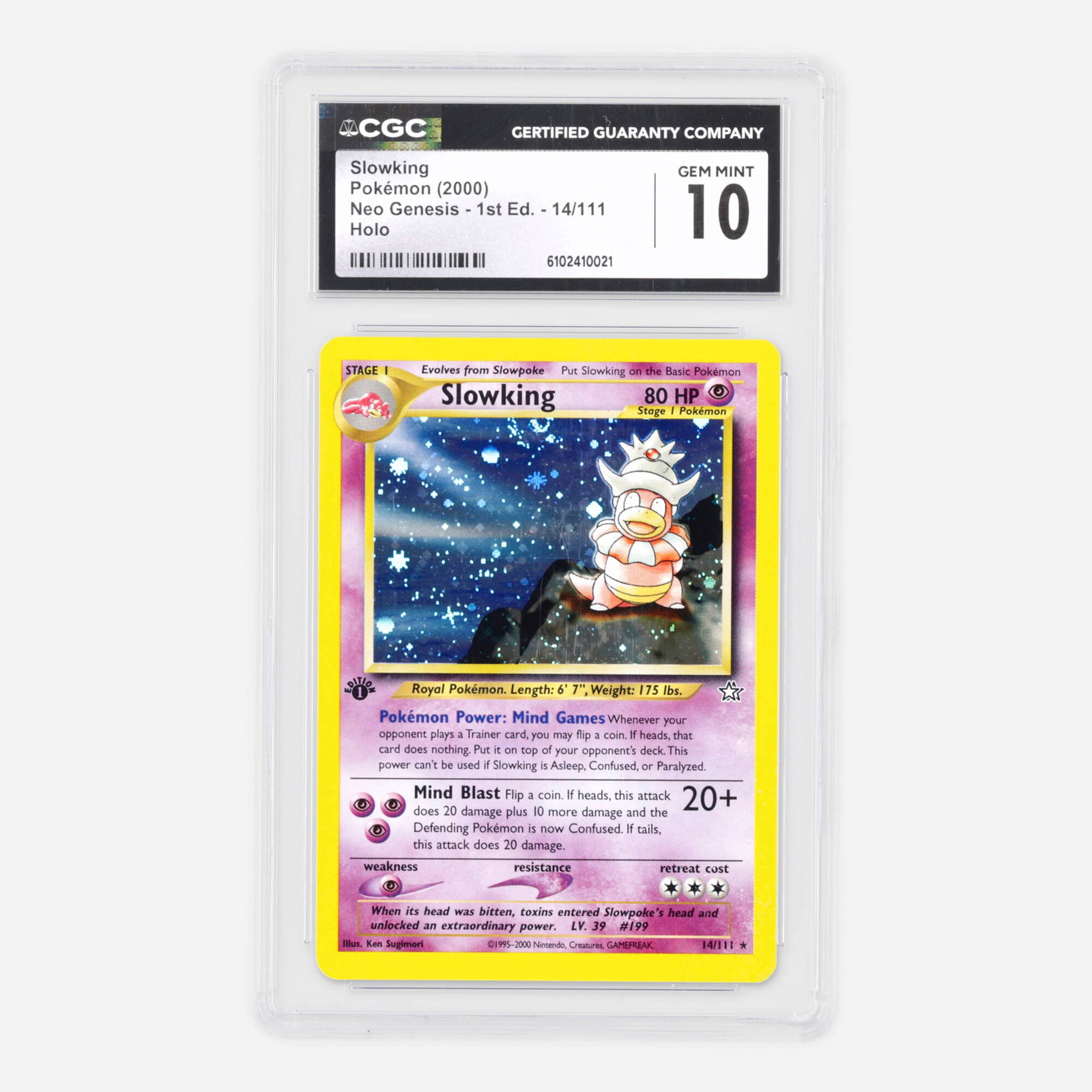 2000 Pokemon Neo Genesis 1st Edition 14/111 Slowking Holo Trading Card CGC 10: 2000 Pokemon Neo Genesis 1st Edition 14/111 Slowking Holo Trading Card CGC 10 USA, 2000 CGC#: 6102410021 Population: 103 In 10 Gem Mint, 4 Higher