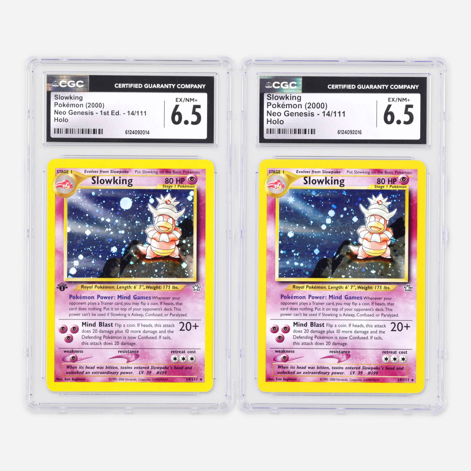 Two 2000 Pokemon Neo Genesis 1st Edition and Neo Genesis 14/111 Slowking Holo CGC 6.5 (1 of 2)