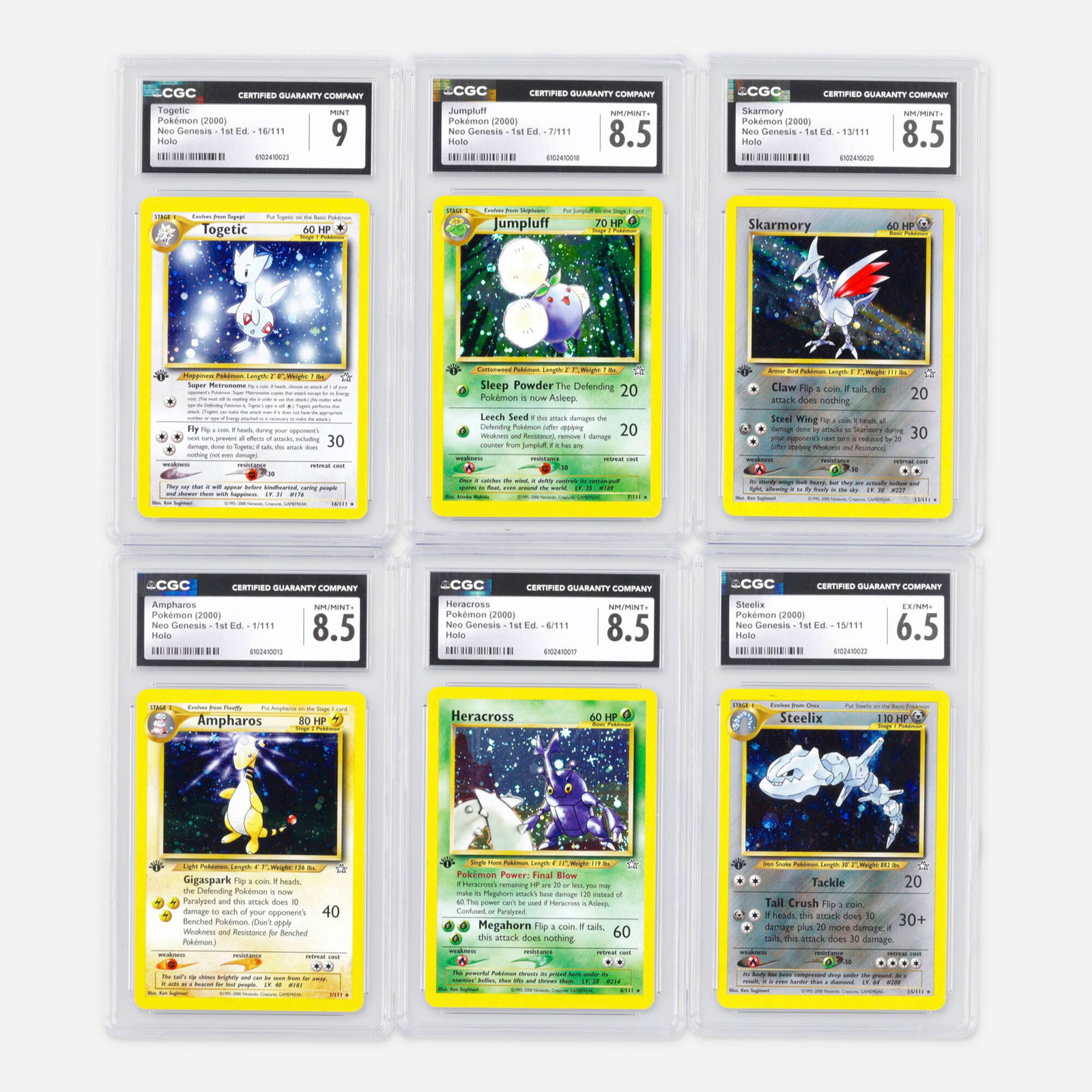 Six 2000 Pokemon Neo Genesis 1st Edition Holo CGC Trading Card Group (1 of 2)