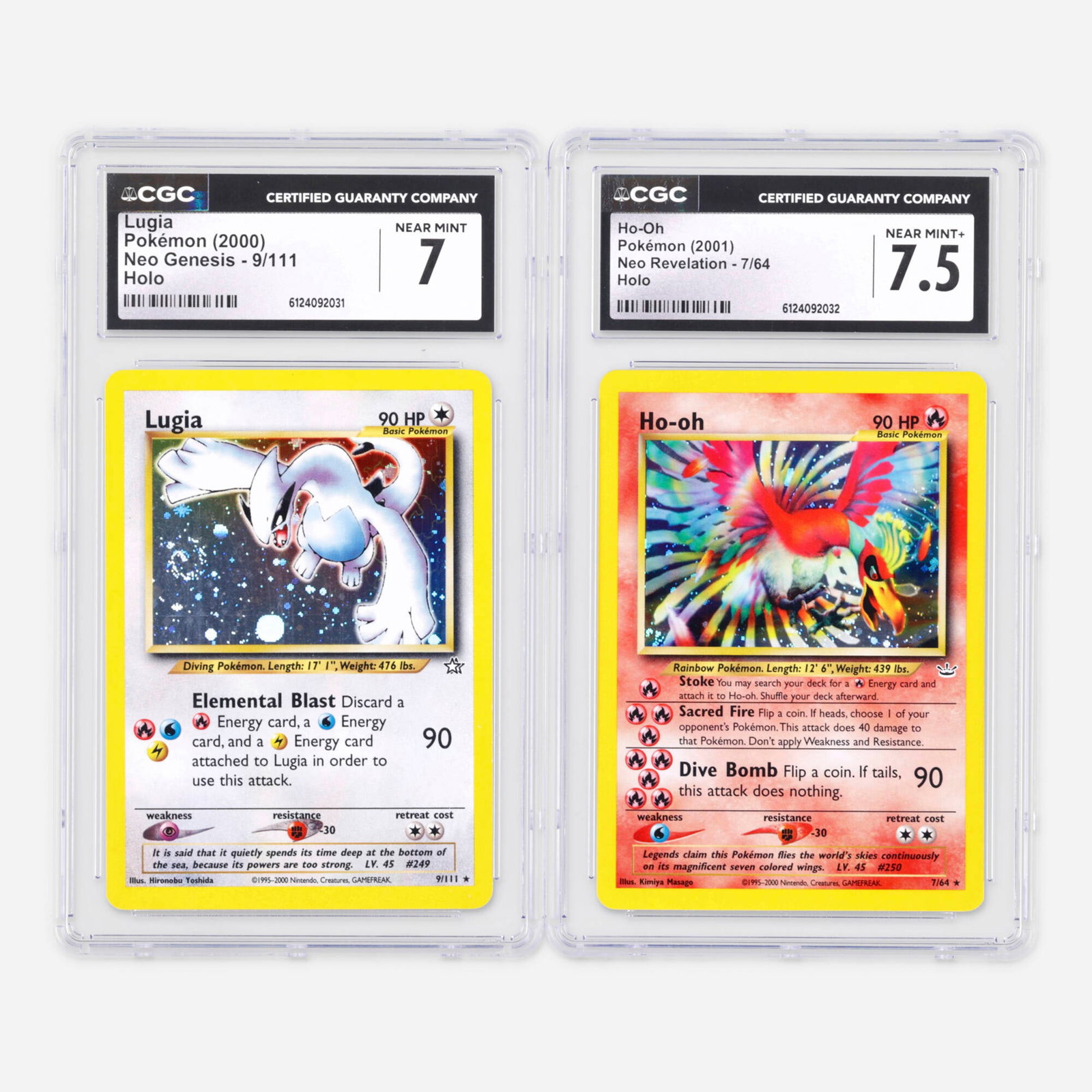 Two 2000 Pokemon Neo Genesis and Neo Revelation 9/111 Lugia and 7/64 Ho-Oh Holo CGC: Two 2000 Pokemon Neo Genesis and Neo Revelation 9/111 Lugia and 7/64 Ho-Oh Holo CGC Trading Card Group USA, 2000, 2001 2000 Pokemon Neo Genesis 9/111 Lugia Holo Trading Card CGC 7 CGC#: