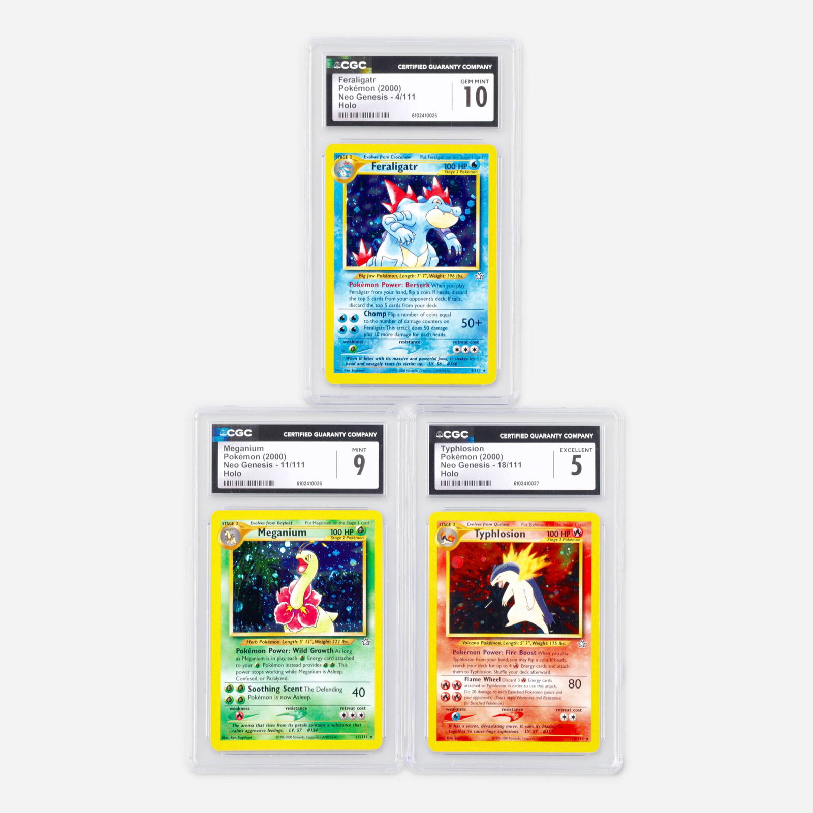 Three 2000 Pokemon Neo Genesis Holo CGC Trading Card Group: Three 2000 Pokemon Neo Genesis Holo CGC Trading Card Group USA, 2000 2000 Pokemon Neo Genesis 4/111 Feraligatr Holo Trading Card CGC 10 CGC#: 6102410025 Population: