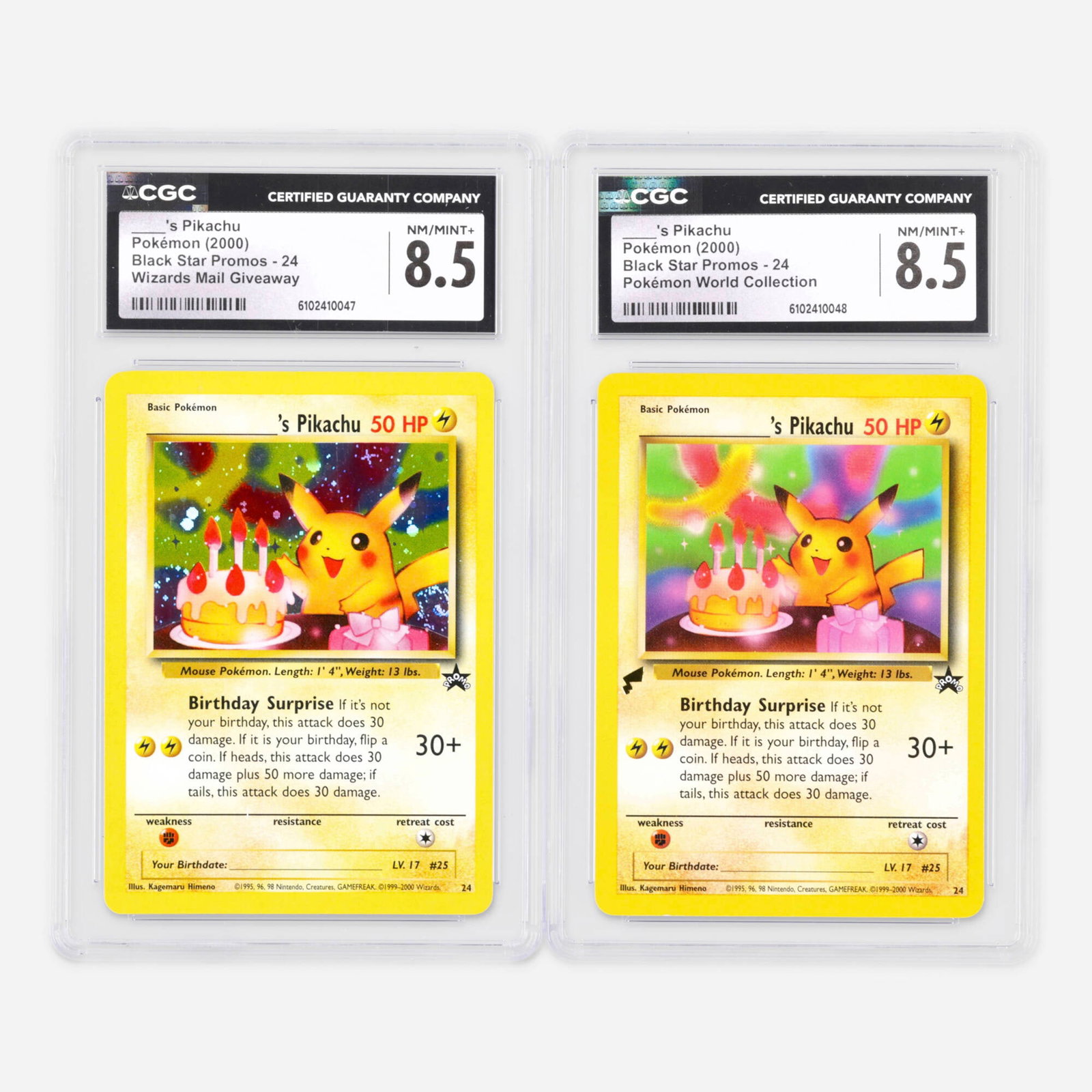 Pokemon Black Star Promos 24 Pikachu Birthday Pikachu Wizards Mail Giveaway Pokemon World Collection: Two 2000 Pokemon Black Star Promos 24 ____'s Pikachu [Birthday Pikachu] Wizards Mail Giveaway and Pokemon World Collection CGC 8.5 Trading Card Group USA, 2000 2000 Pokemon Black Star Promos 24 ____&#