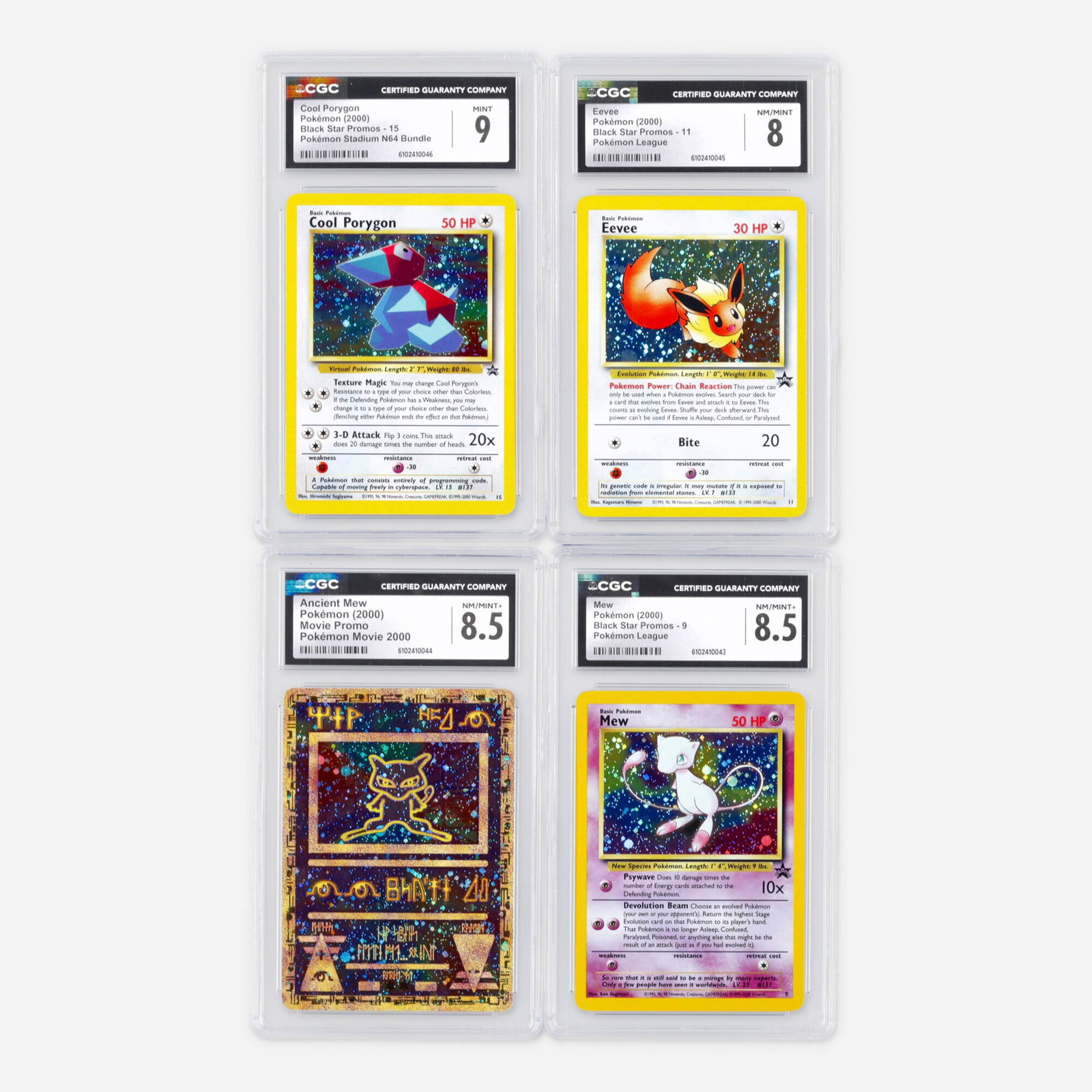 Four 2000 Pokemon Black Star Promos CGC Trading Card Group: Four 2000 Pokemon Black Star Promos CGC Trading Card Group USA, 2000 2000 Pokemon Black Star Promos 9 Mew Pokemon League Trading Card CGC 8.5 CGC#: 6102410043 Population: </