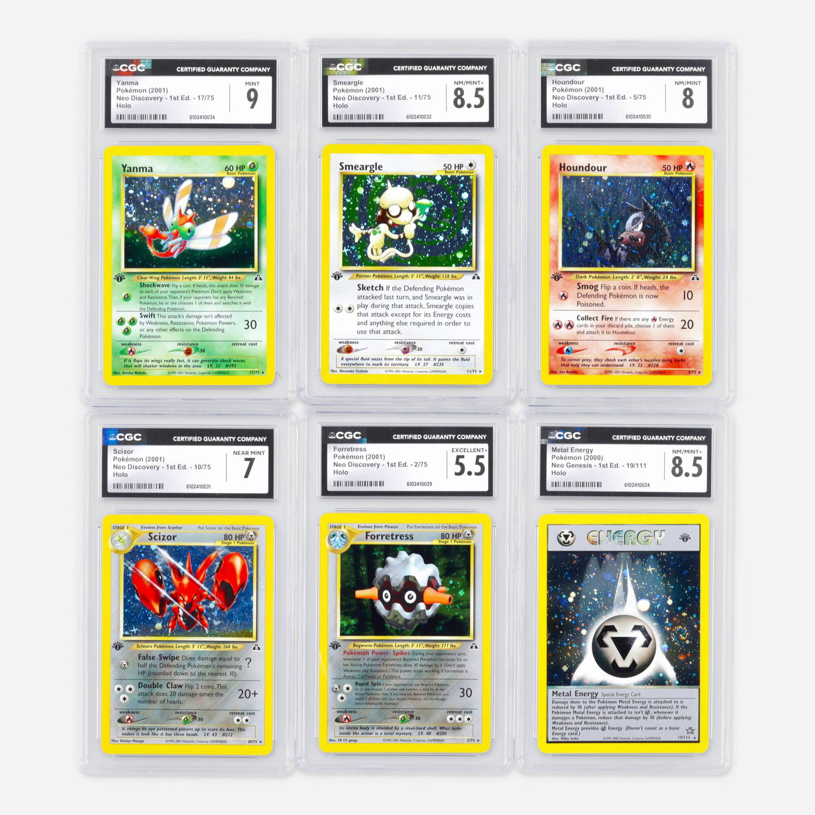 Six 2000-2001 Pokemon Neo 1st Edition Holo CGC Trading Card Group: Six 2000-2001 Pokemon Neo 1st Edition Holo CGC Trading Card Group USA, 2000, 2001 2000 Pokemon Neo Genesis 1st Edition 19/111 Metal Energy Holo Trading Card CGC 8.5 CGC#: 6102410024