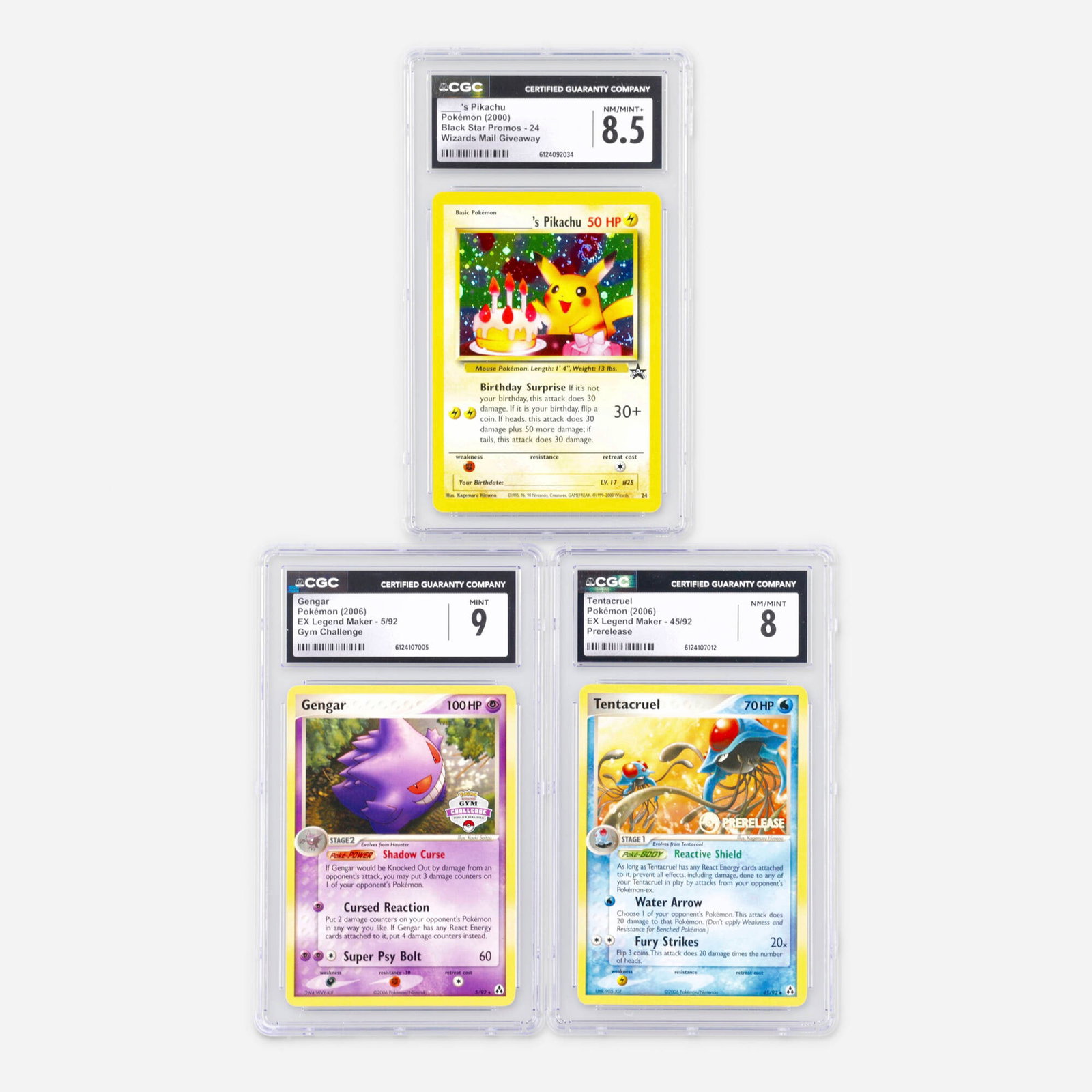 Three 2000-2006 Pokemon Black Star Promos and EX Legend Maker CGC Trading Card Group: Three 2000-2006 Pokemon Black Star Promos and EX Legend Maker CGC Trading Card Group USA, 2000, 2006 2000 Pokemon Black Star Promos 24 ____'s Pikachu [Birthday Pikachu] Wizards Mail Giveaway Holo