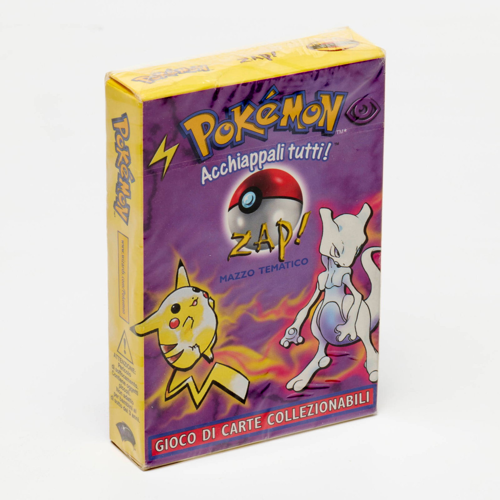 2000 Pokemon Italian Base Set Zap! Theme Deck Factory Sealed: 2000 Pokemon Italian Base Set Zap! Theme Deck Factory Sealed Italy, 2000 Features Pikachu and Mewtwo box art. Factory sealed. Sleight 2cm vertical crease to left side of box left edge. This work