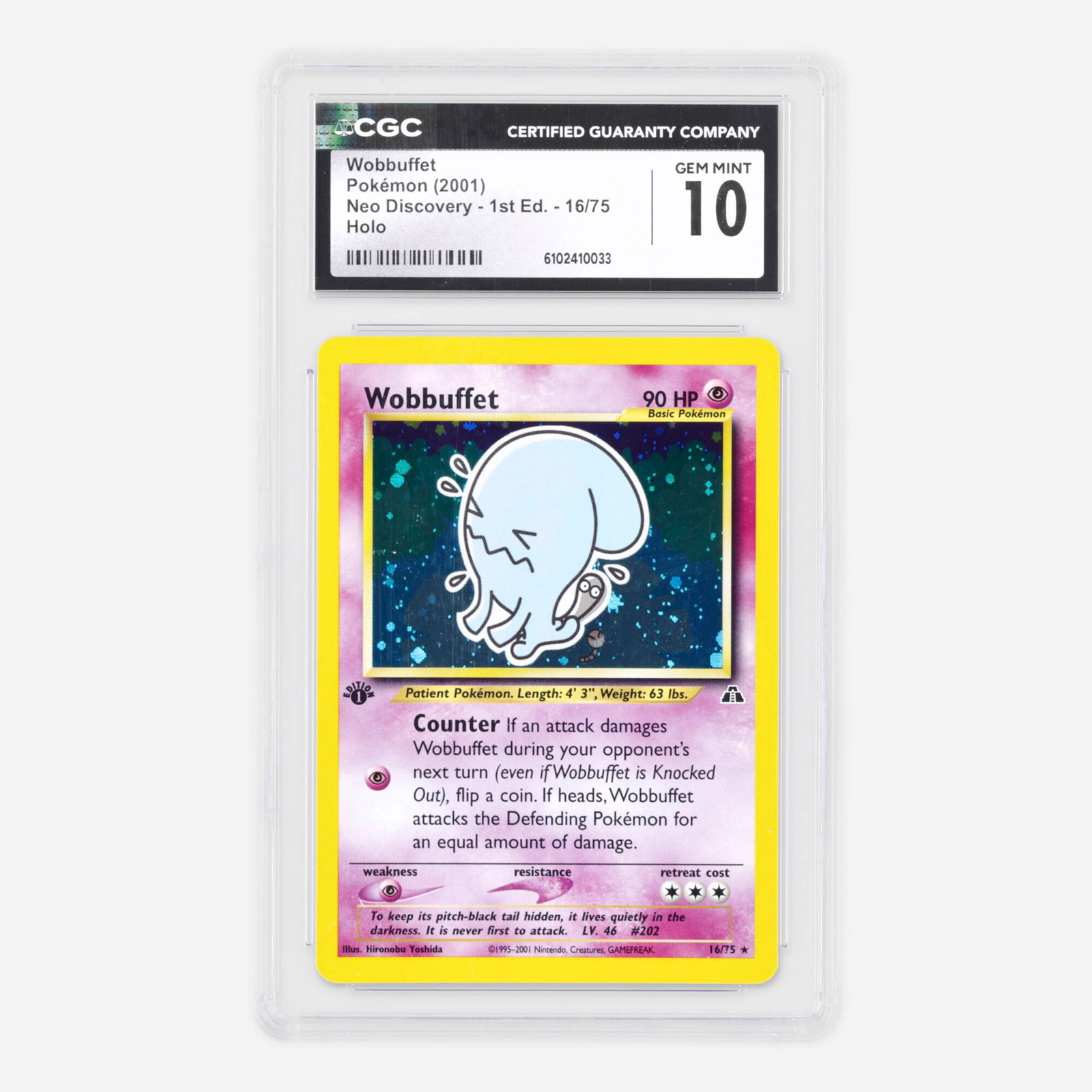 2001 Pokemon Neo Discovery 1st Edition 16/75 Wobbuffet Holo Trading Card CGC 10: 2001 Pokemon Neo Discovery 1st Edition 16/75 Wobbuffet Holo Trading Card CGC 10 USA, 2001 CGC#: 6102410033 Population: 26 In 10 Gem Mint, 1 Higher