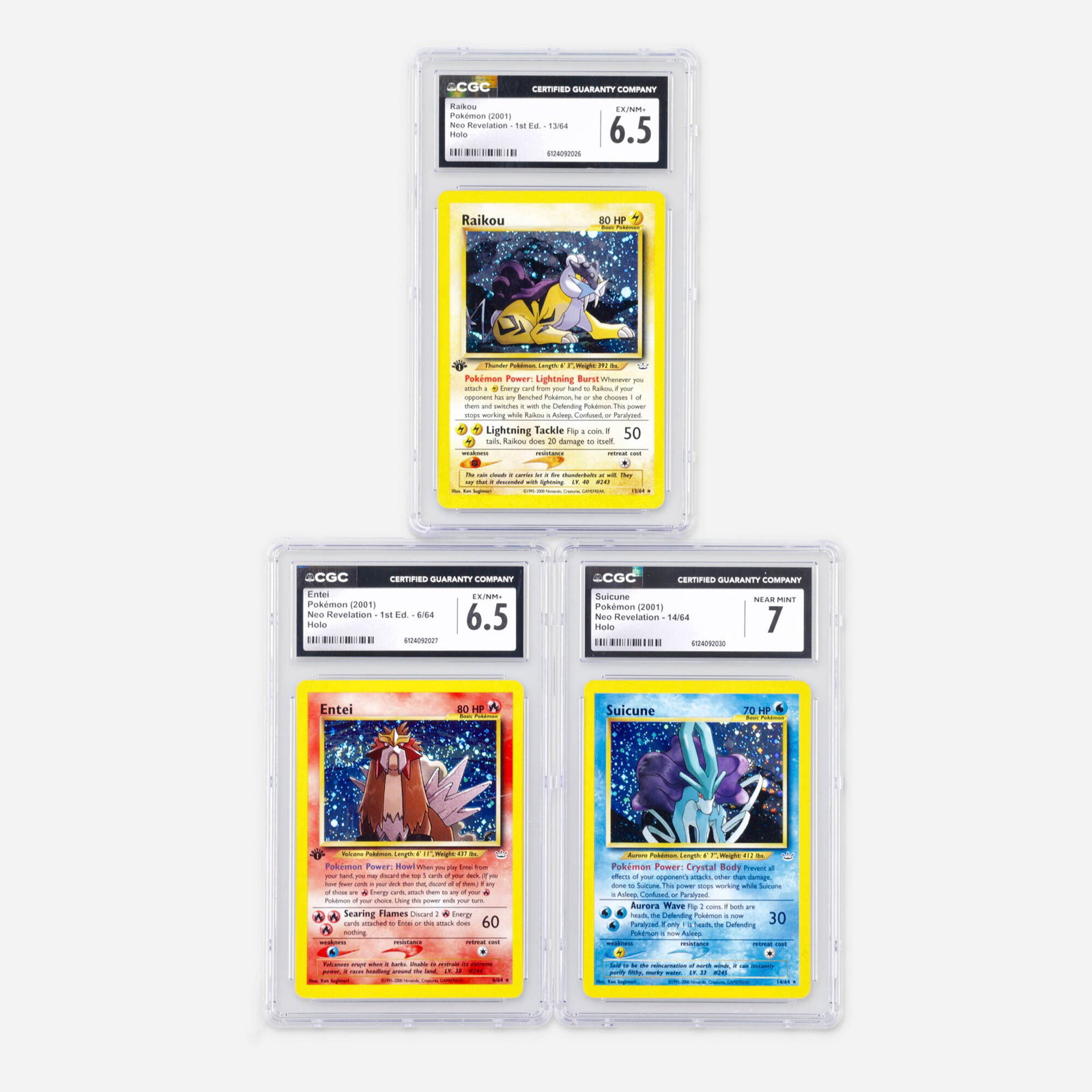 Three 2001 Pokemon Neo Revelation Legendary Beasts Holo CGC Trading Card Group: Three 2001 Pokemon Neo Revelation Legendary Beasts Holo CGC Trading Card Group USA, 2001 2001 Pokemon Neo Revelation 1st Edition 6/64 Entei Holo Trading Card CGC 6.5 CGC#: 6124092027