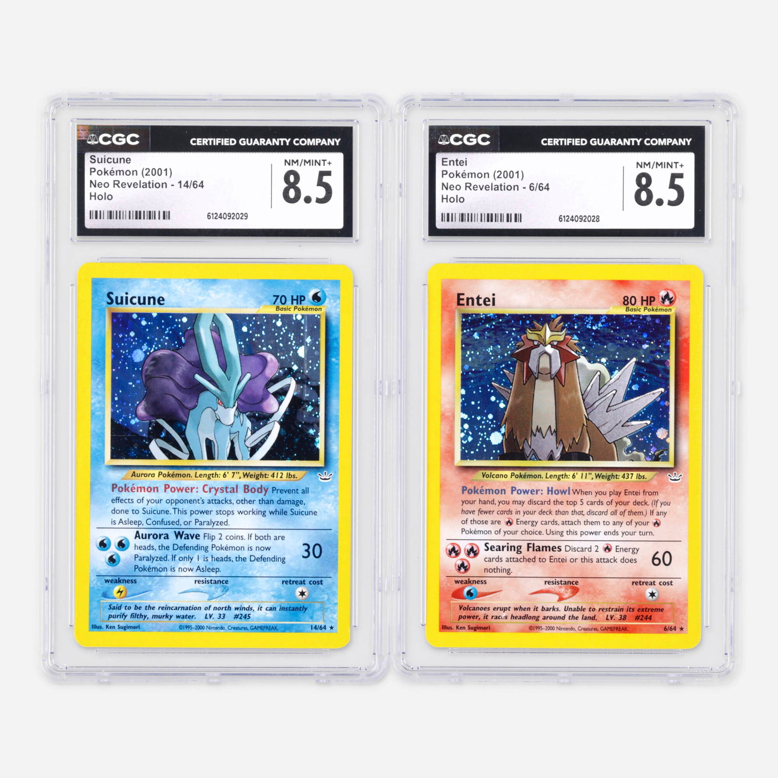 Two 2001 Pokemon Neo Revelation 6/64 Entei and 14/64 Suicune Holo CGC 8.5 Trading Card Group: Two 2001 Pokemon Neo Revelation 6/64 Entei and 14/64 Suicune Holo CGC 8.5 Trading Card Group USA, 2001 2001 Pokemon Neo Revelation 6/64 Entei Holo Trading Card CGC 8.5 CGC#: 6124092028