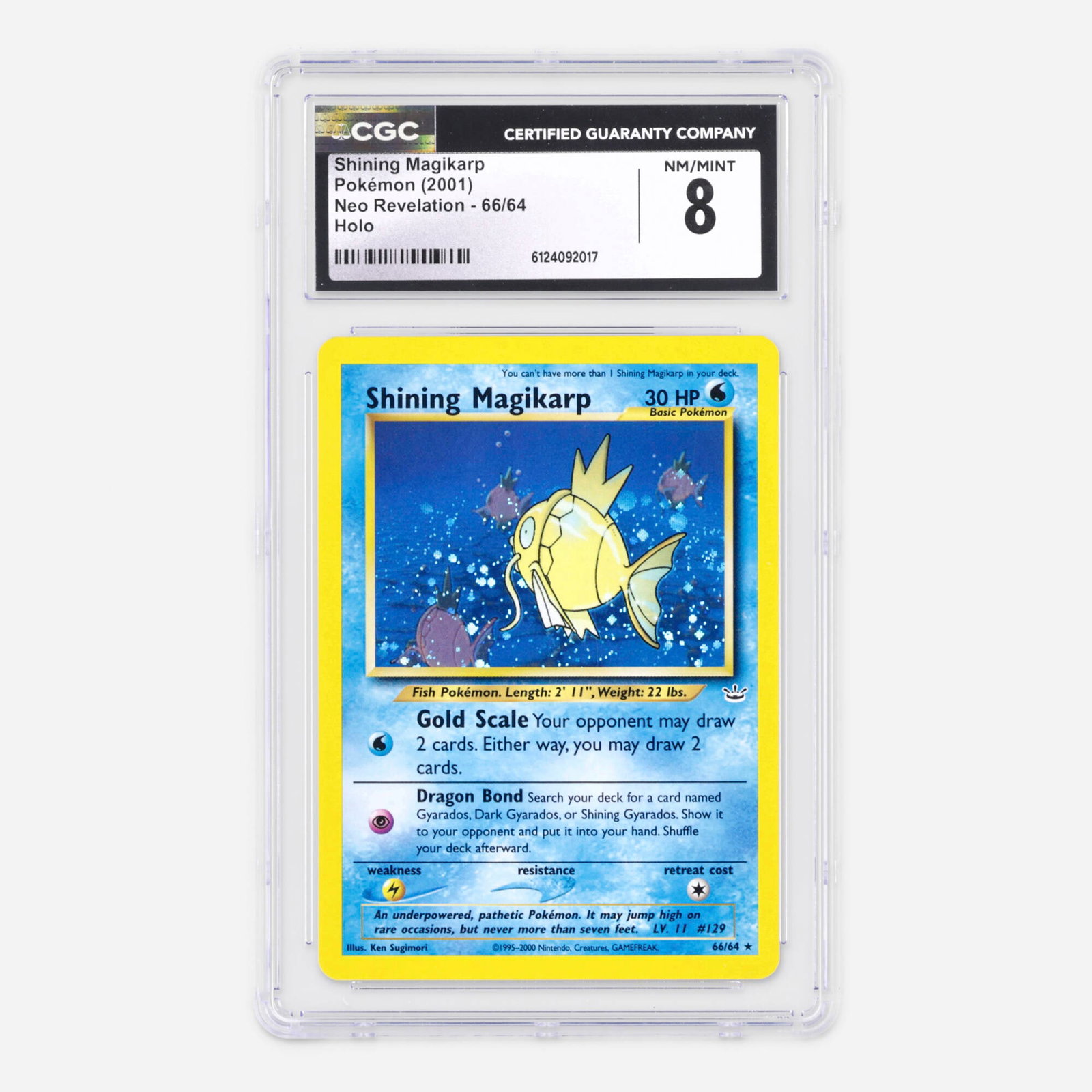 2001 Pokemon Neo Revelation 66/64 Shining Magikarp Holo Trading Card CGC 8: 2001 Pokemon Neo Revelation 66/64 Shining Magikarp Holo Trading Card CGC 8 USA, 2001 CGC#: 6124092017 Population: 125 In 8, 284 Higher
