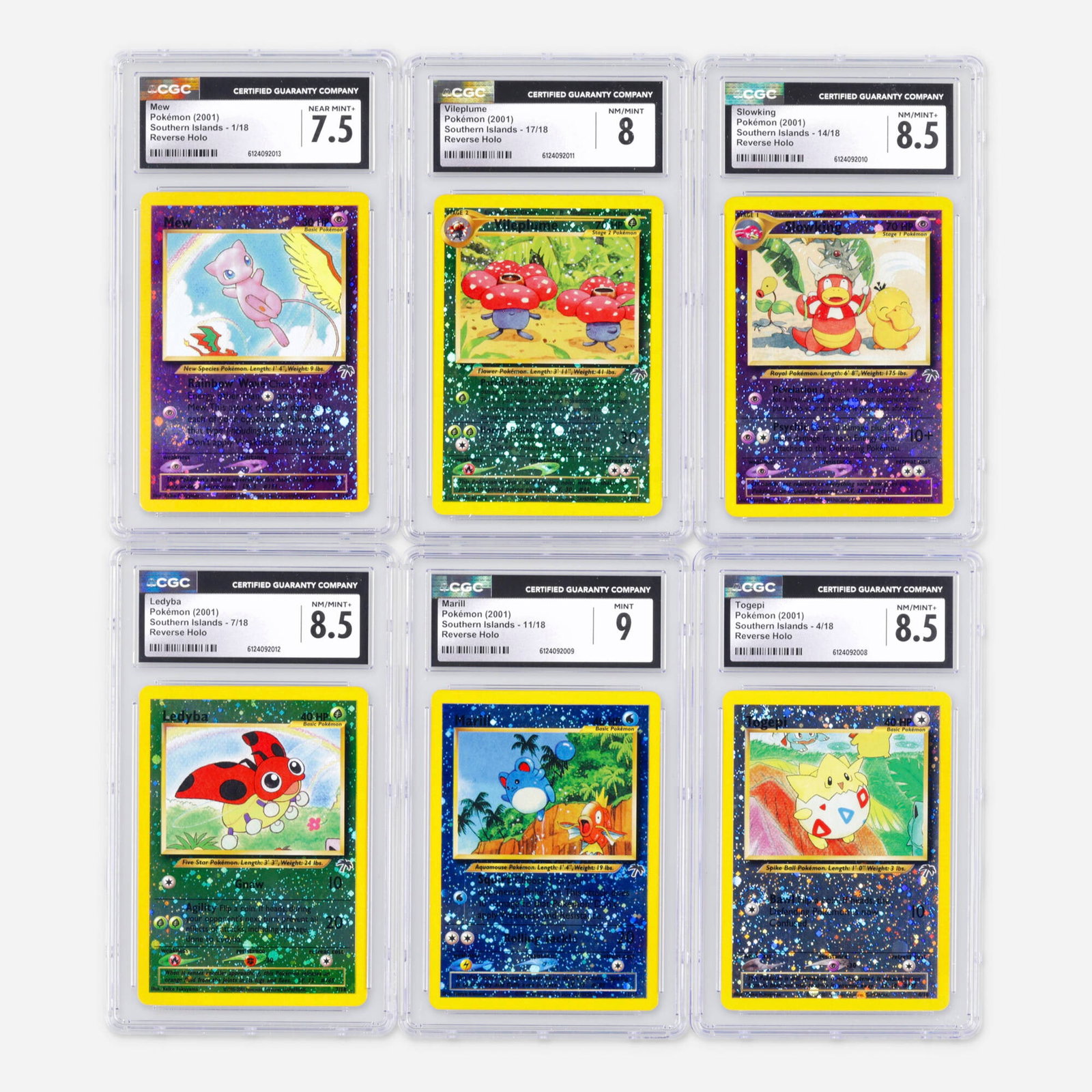 Six 2001 Pokemon Southern Islands Reverse Holo CGC Trading Card Group: Six 2001 Pokemon Southern Islands Reverse Holo CGC Trading Card Group USA, 2001 2001 Pokemon Southern Islands 1/18 Mew Reverse Holo Trading Card CGC 7.5 CGC#: 6124092013 Pop