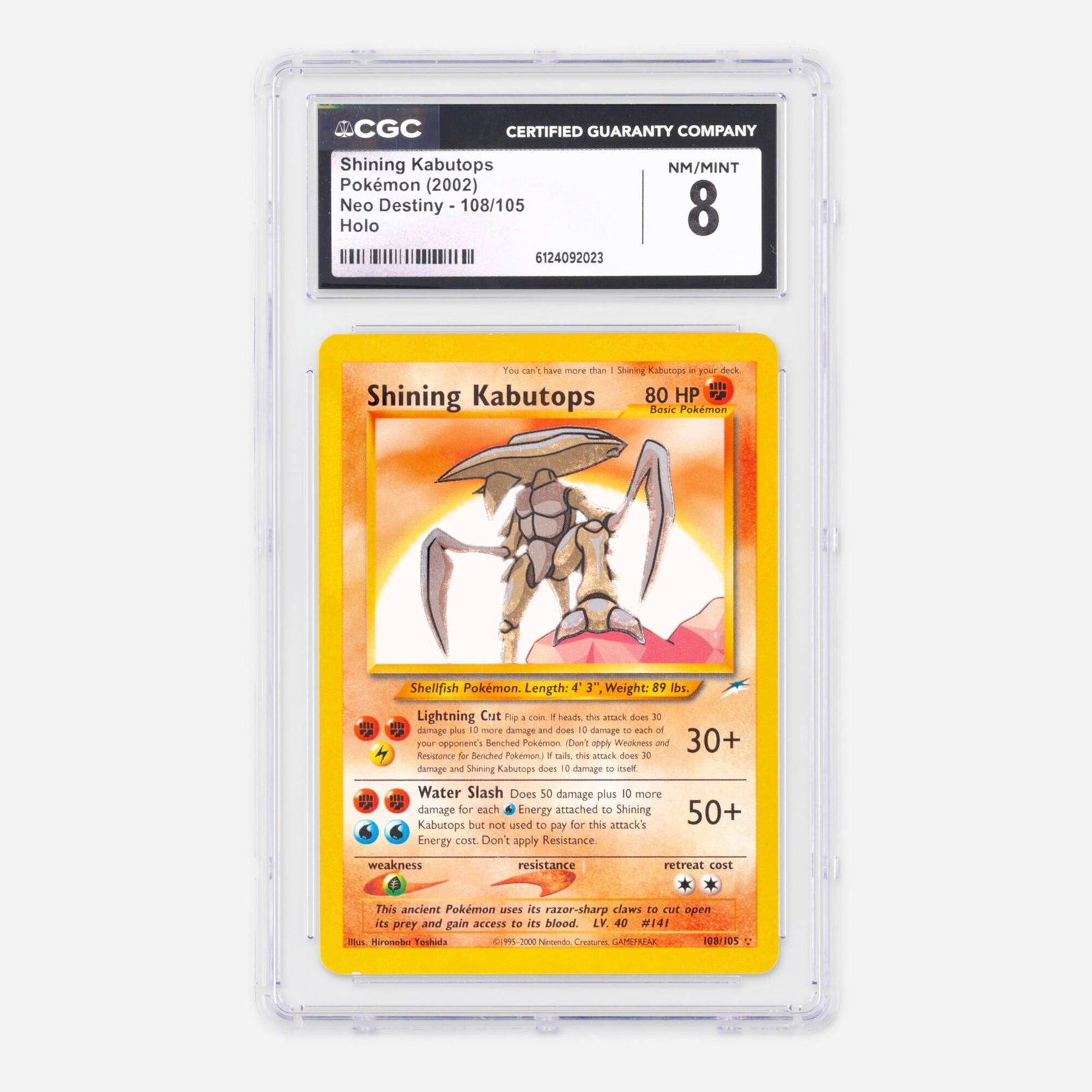 2002 Pokemon Neo Destiny 108/105 Shining Kabutops Holo Trading Card CGC 8: 2002 Pokemon Neo Destiny 108/105 Shining Kabutops Holo Trading Card CGC 8 USA, 2002 CGC#: 6124092023 Population: 60 In 8, 171 Higher