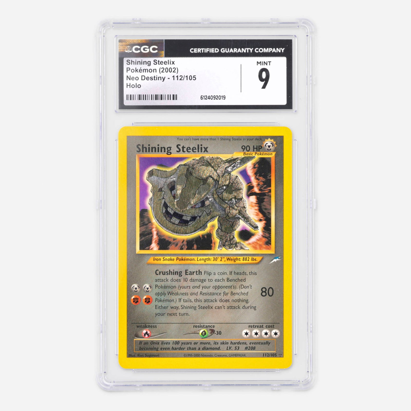 2002 Pokemon Neo Destiny 112/105 Shining Steelix Holo Trading Card CGC 9: 2002 Pokemon Neo Destiny 112/105 Shining Steelix Holo Trading Card CGC 9 USA, 2002 CGC#: 6124092019 Population: 77 In 9, 24 Higher