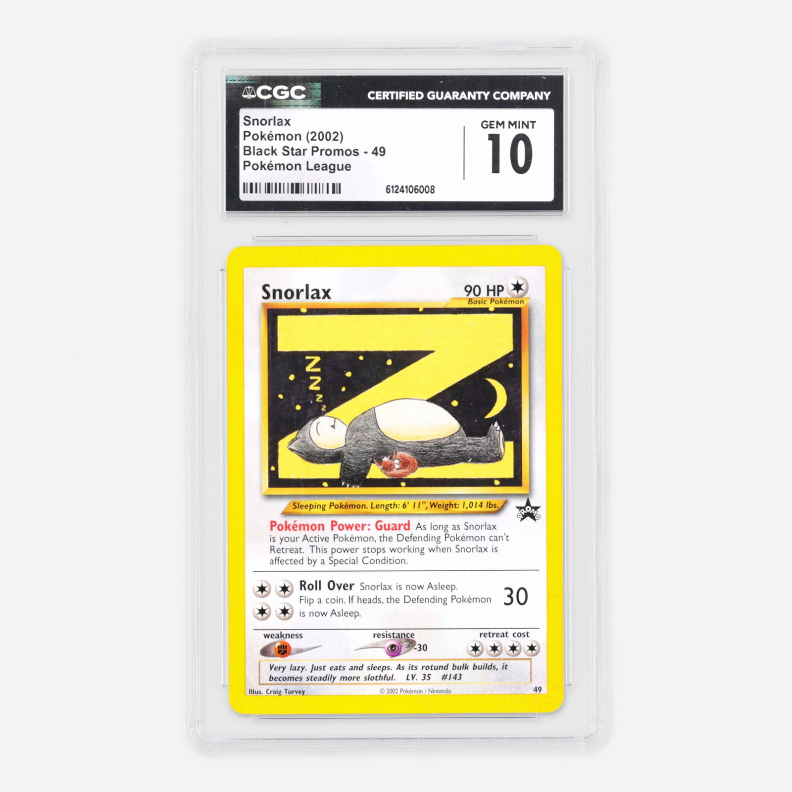 2002 Pokemon Black Star Promos 49 Snorlax Pokemon League Trading Card CGC 10: 2002 Pokemon Black Star Promos 49 Snorlax Pokemon League Trading Card CGC 10 USA, 2002 CGC#: 6124106008 Population: 267 In 10 Gem Mint, 10 Higher