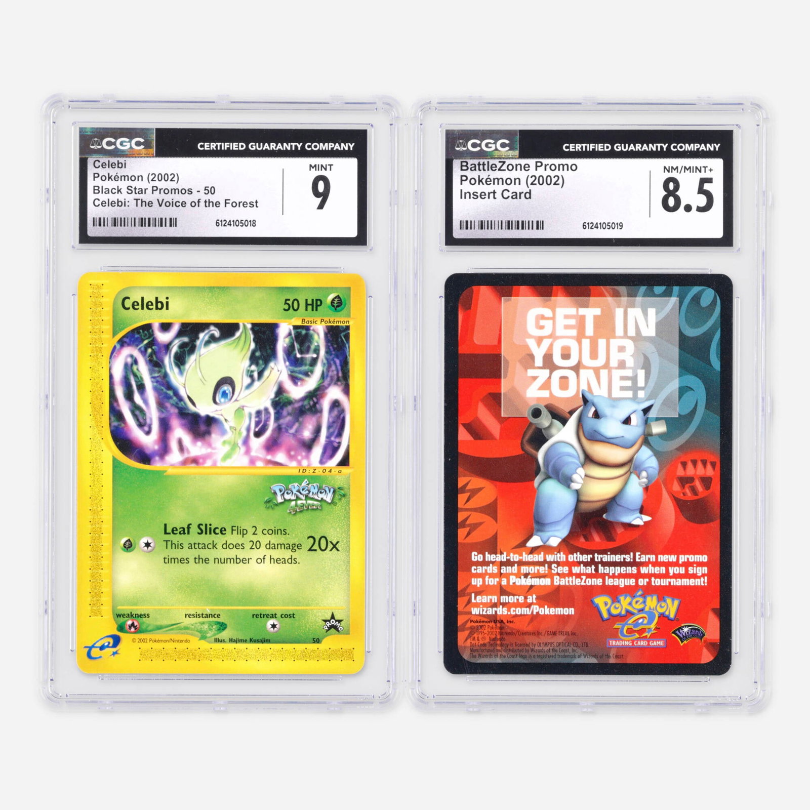 Pokemon Black Star Promos 50 Celebi Celebi: The Voice of the Forest Insert Card BattleZone Promo: Two 2002 Pokemon Black Star Promos 50 Celebi Celebi: The Voice of the Forest and Insert Card BattleZone Promo CGC Trading Card Group USA, 2002 2002 Pokemon Black Star Promos 50 Celebi Celebi: The Voic