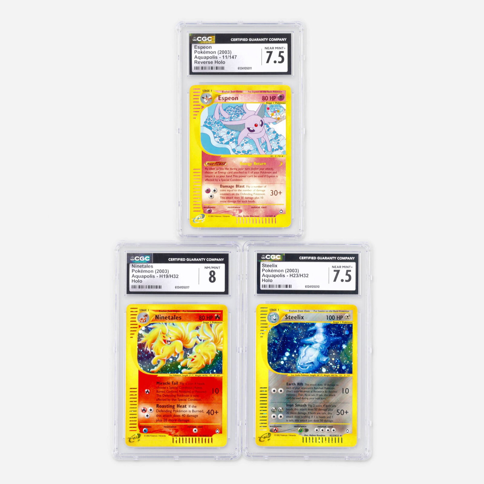Three 2003 Pokemon Aquapolis Holo and Reverse Holo CGC Trading Card Group: Three 2003 Pokemon Aquapolis Holo and Reverse Holo CGC Trading Card Group USA, 2003 2003 Pokemon Aquapolis 11/147 Espeon Reverse Holo Trading Card CGC 7.5 CGC#: 6124105011 P