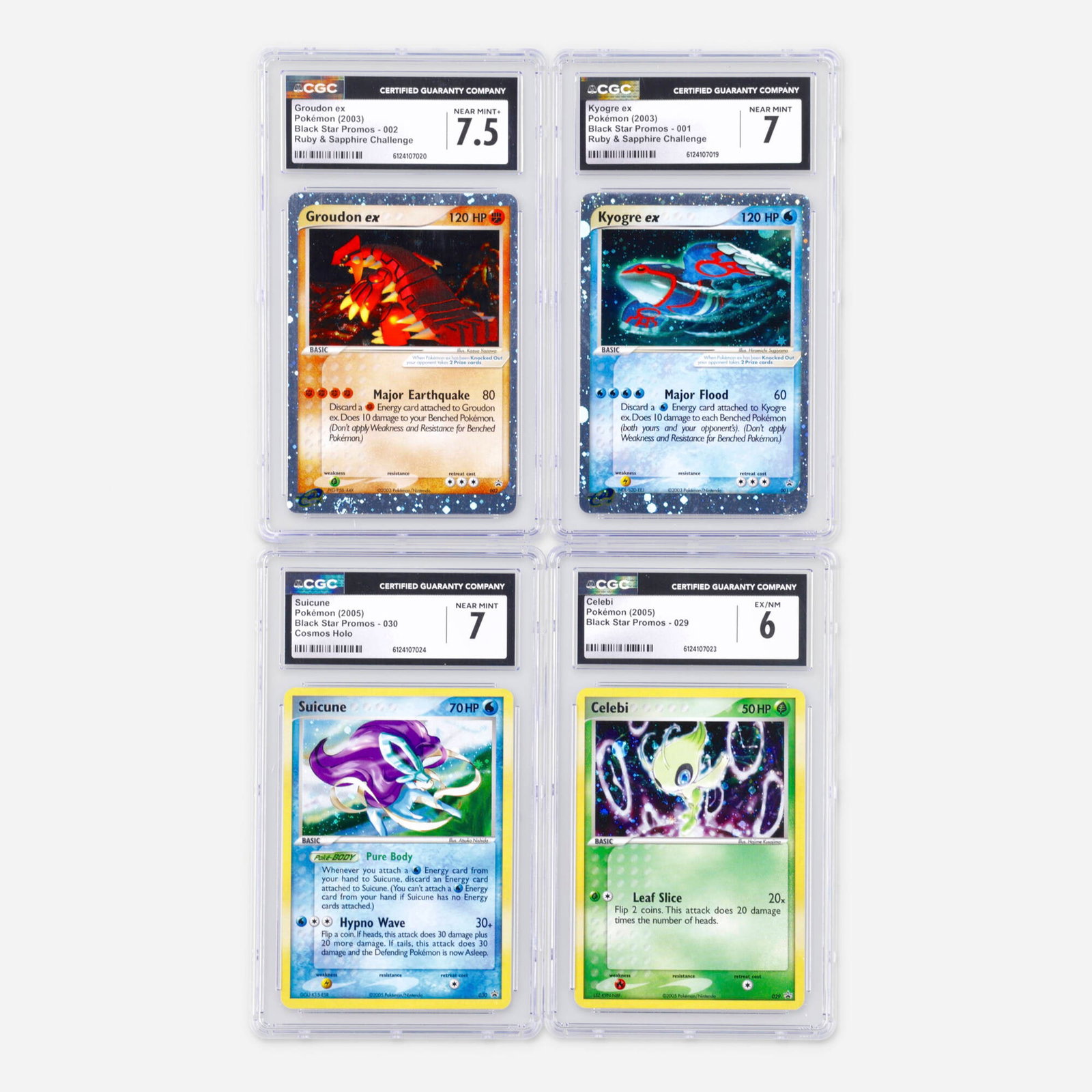 Four 2003-2005 Pokemon Black Star Promos Holo CGC Trading Card Group: Four 2003-2005 Pokemon Black Star Promos Holo CGC Trading Card Group USA, 2003, 2005 2003 Pokemon Black Star Promos 001 Kyogre ex Ruby & Sapphire Challenge Holo Trading Card CGC 7 CGC#: