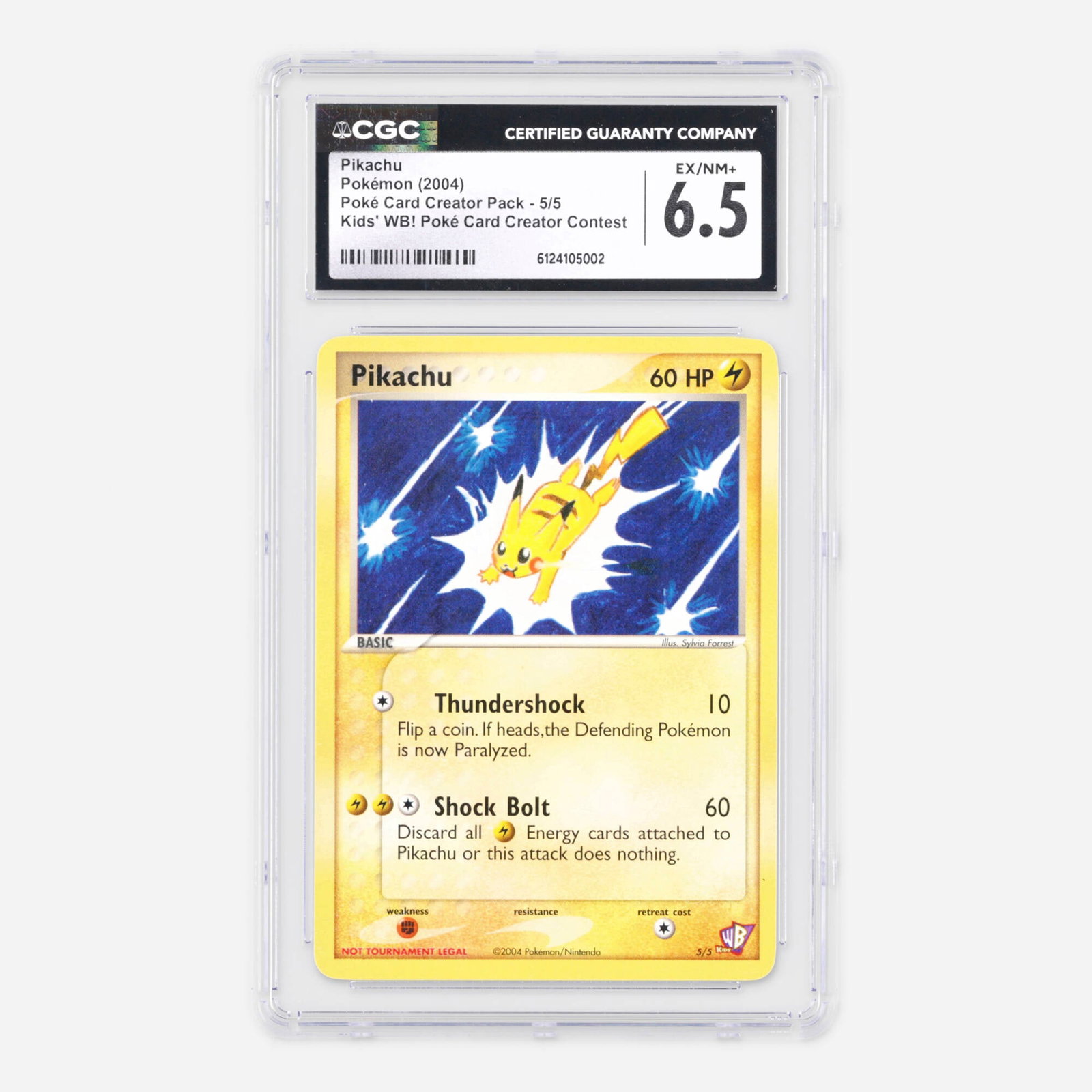 2004 Pokemon Poke Card Creator Pack 5/5 Pikachu Kids' WB! Poke Card Creator Contest: 2004 Pokemon Poke Card Creator Pack 5/5 Pikachu Kids' WB! Poke Card Creator Contest Trading Card CGC 6.5 USA, 2004 CGC#: 6124105002 Population: 4 In 6.5, 43 Higher