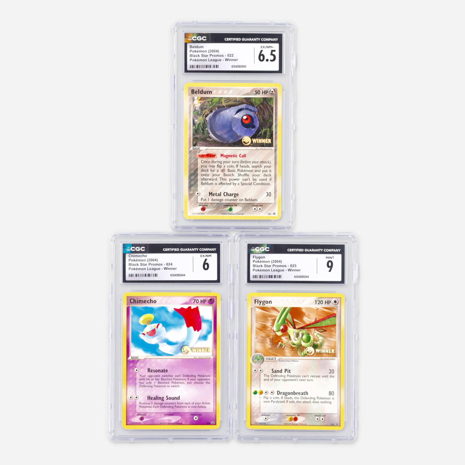 Three 2004 Pokemon Black Star Promos Pokemon League Winner CGC Trading Card Group: Three 2004 Pokemon Black Star Promos Pokemon League Winner CGC Trading Card Group USA, 2004 2004 Pokemon Black Star Promos 022 Beldum Pokemon League Winner Trading Card CGC 6.5 CGC#: 6