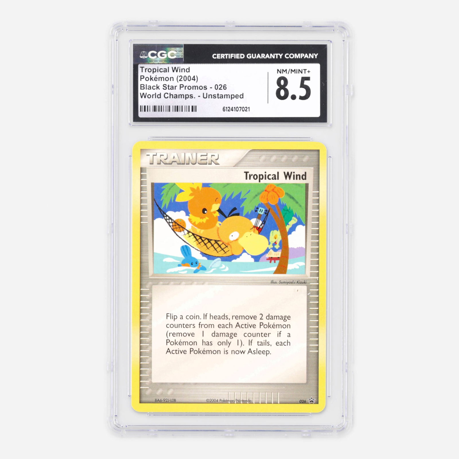 2004 Pokemon Black Star Promos 026 Tropical Wind World Championships Unstamped Trading Card CGC 8.5: 2004 Pokemon Black Star Promos 026 Tropical Wind World Championships Unstamped Trading Card CGC 8.5 USA, 2004 CGC#: 6124107021 Population: 72 In 8.5, 259 Higher