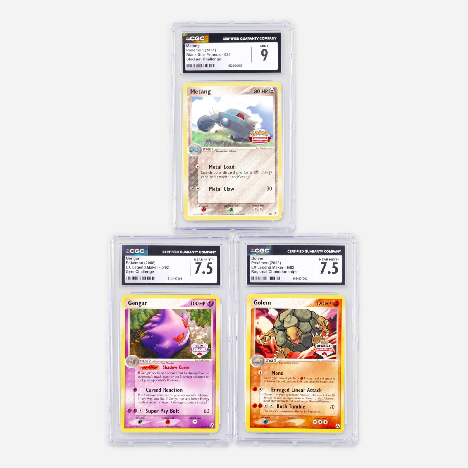 Three 2004-2006 Pokemon Black Star Promos and EX Legend Maker CGC Trading Card Group: Three 2004-2006 Pokemon Black Star Promos and EX Legend Maker CGC Trading Card Group USA, 2004, 2006 2004 Pokemon Black Star Promos 023 Metang Stadium Challenge Trading Card CGC 9 CGC#: