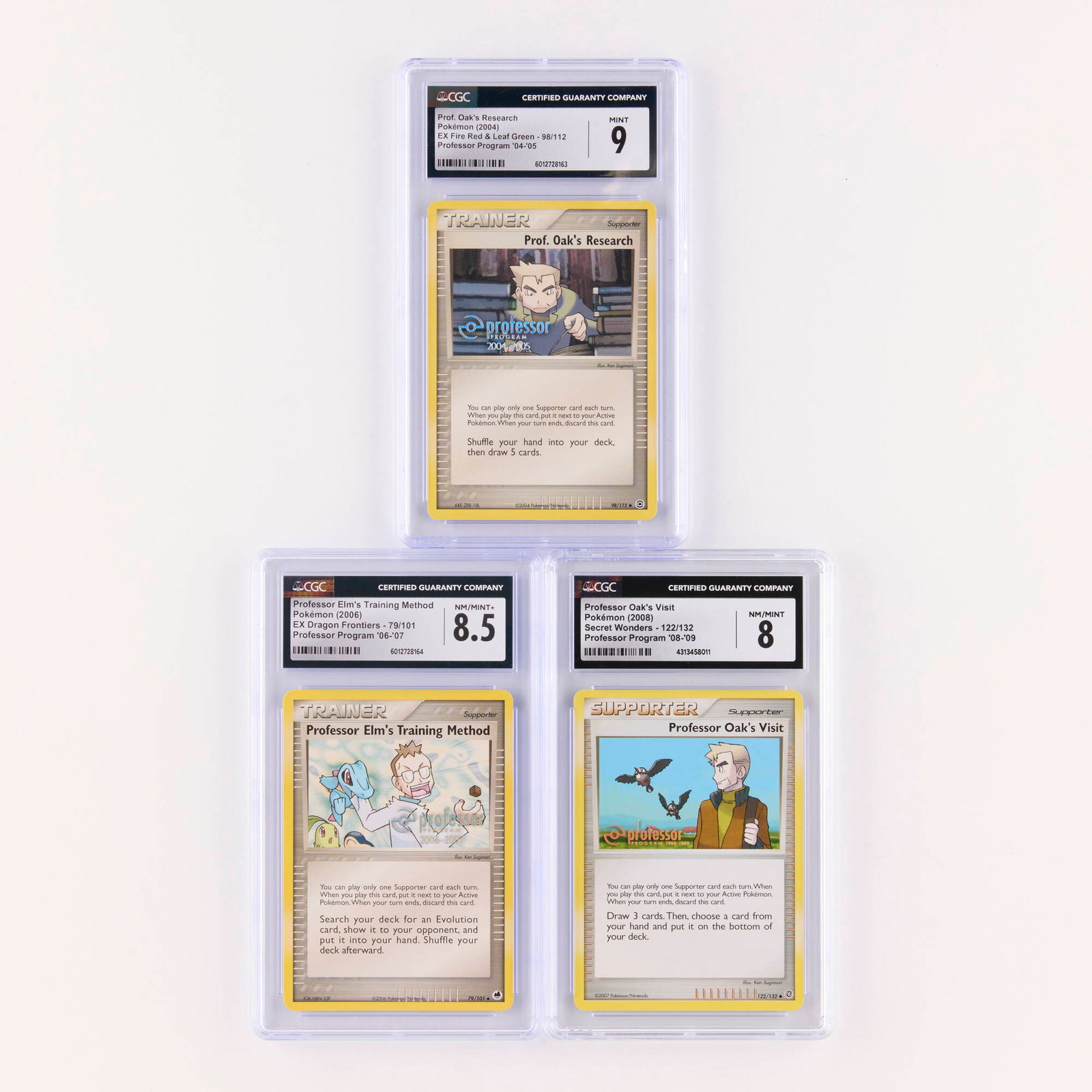Three 2004-08 Pokemon Professor Program CGC Trading Card Group: Three 2004-08 Pokemon Professor Program CGC Trading Card Group USA, 2004-08 2004 Pokemon EX Fire Red & Leaf Green 98/112 Prof. Oak's Research Professor Program '04-'05 Trading Card CGC 