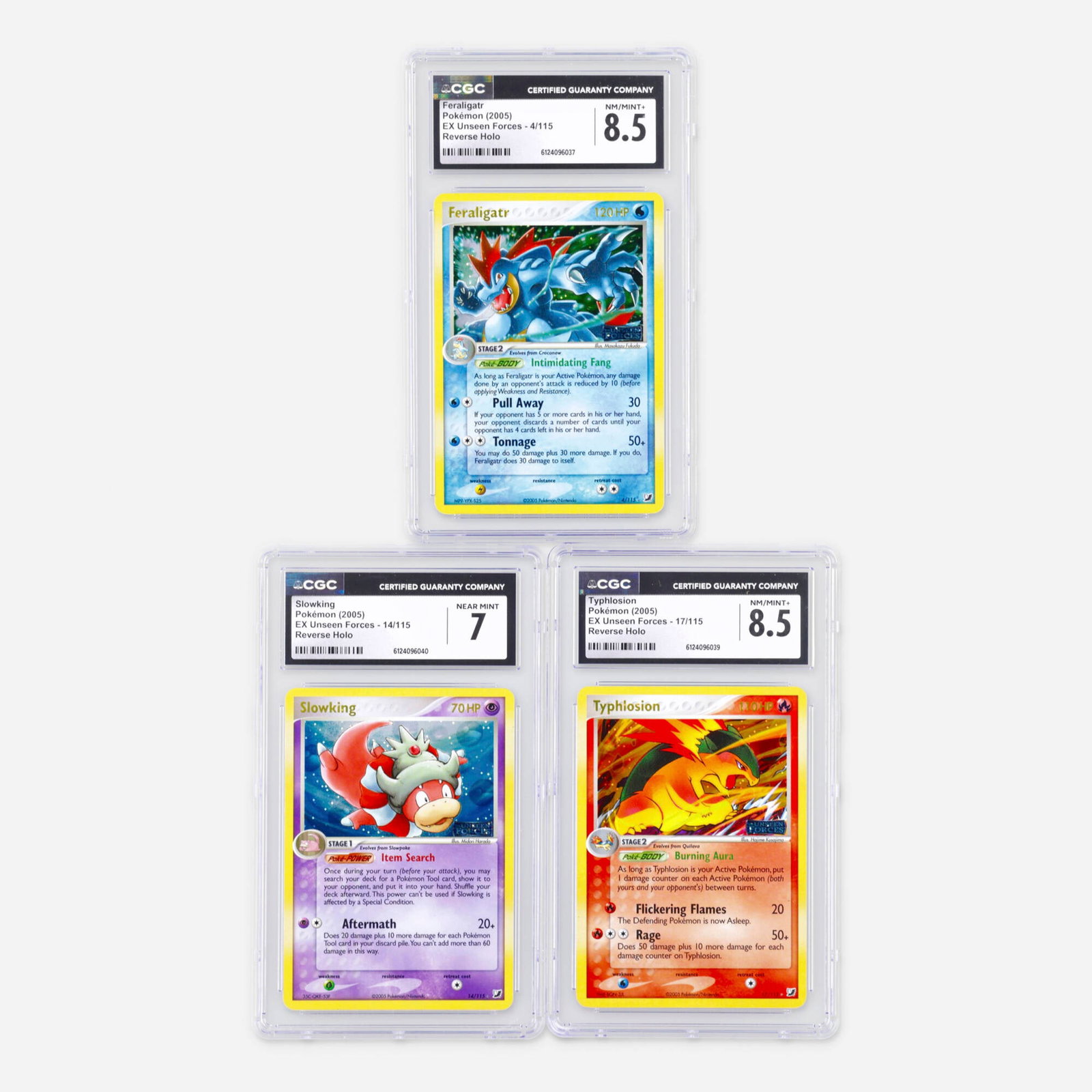 Three 2005 Pokemon EX Unseen Forces Reverse Holo CGC Trading Card Group: Three 2005 Pokemon EX Unseen Forces Reverse Holo CGC Trading Card Group USA, 2005 2005 Pokemon EX Unseen Forces 4/115 Feraligatr Reverse Holo Trading Card CGC 8.5 CGC#: 6124096037 <