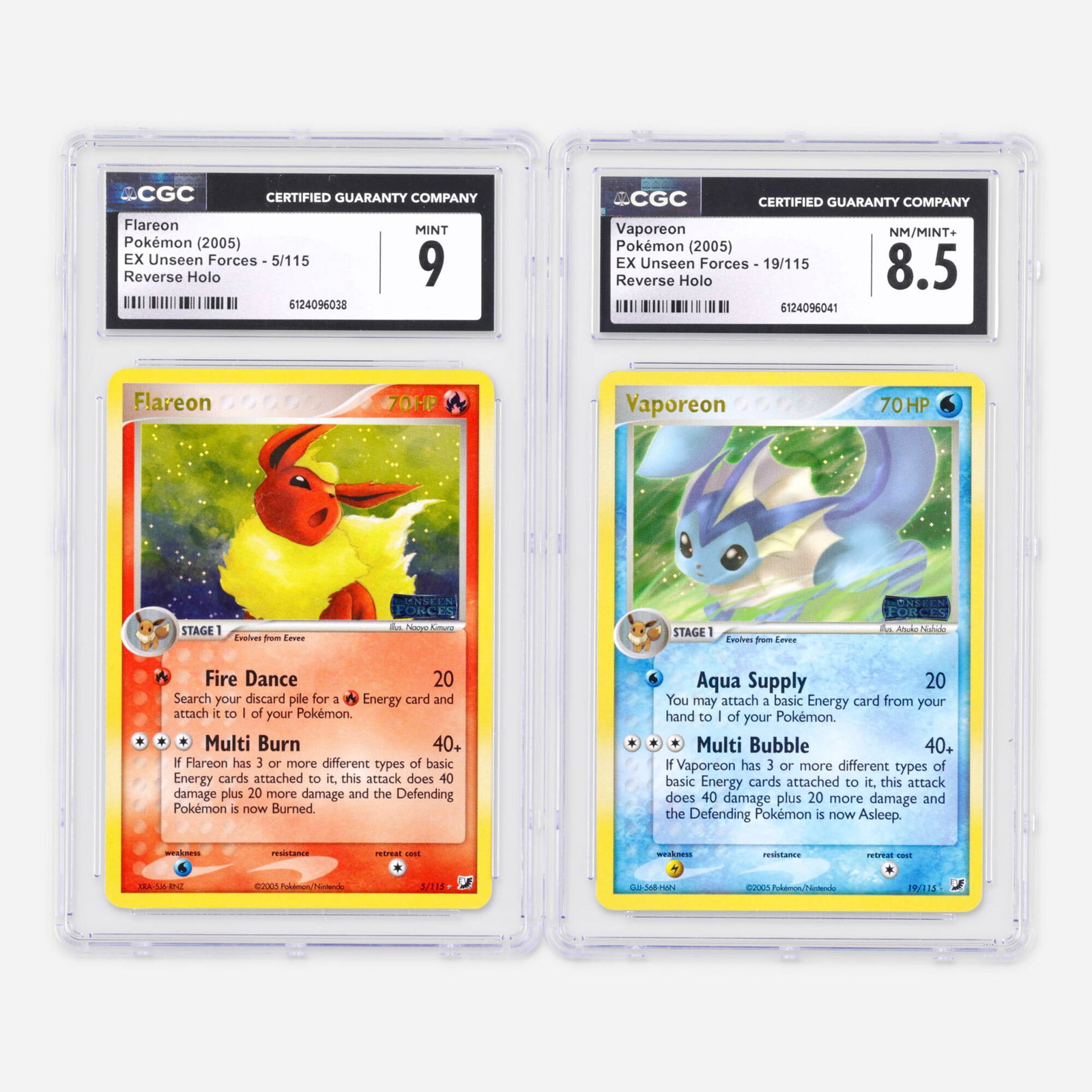 Two 2005 Pokemon EX Unseen Forces 5/115 Flareon and 19/115 Vaporeon Reverse Holo: Two 2005 Pokemon EX Unseen Forces 5/115 Flareon and 19/115 Vaporeon Reverse Holo CGC Trading Card CGC Group USA, 2005 2005 Pokemon EX Unseen Forces 5/115 Flareon Reverse Holo Trading Card CGC 9