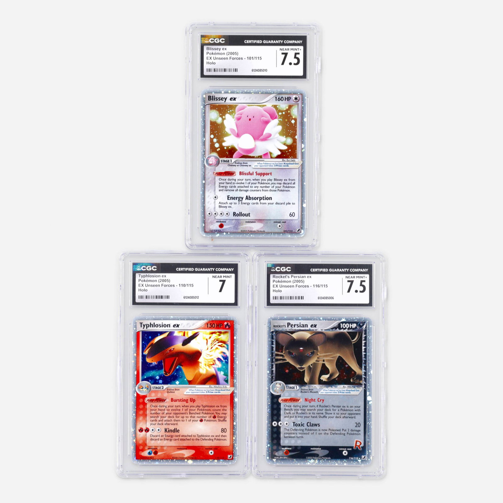Three 2005 Pokemon EX Unseen Forces ex Holo CGC Trading Card Group: Three 2005 Pokemon EX Unseen Forces ex Holo CGC Trading Card Group USA, 2005 2005 Pokemon EX Unseen Forces 101/115 Blissey ex Holo Trading Card CGC 7.5 CGC#: 6124085010 Popu