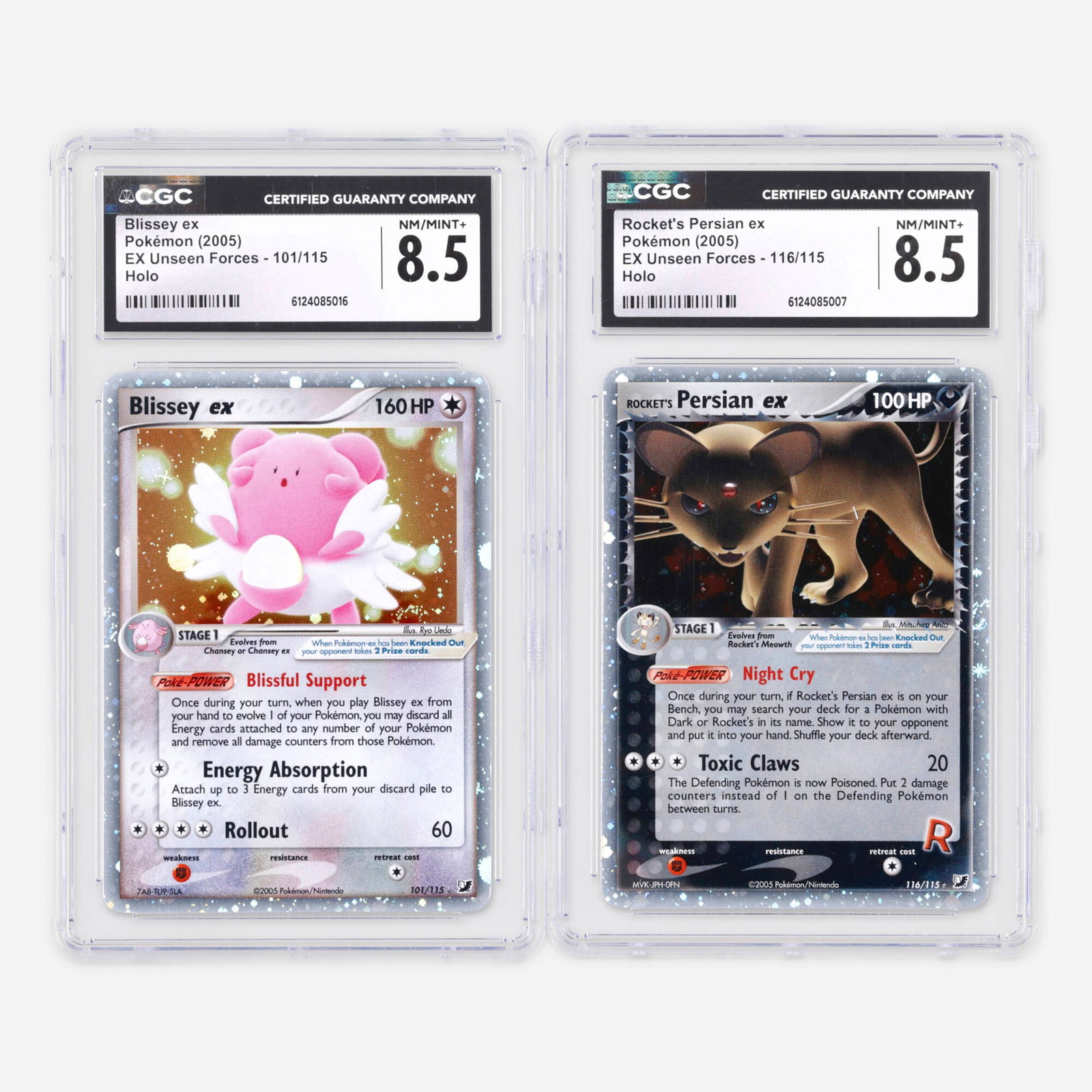 Two 2005 Pokemon EX Unseen Forces 101/115 Blissey ex and 116/115 Rocket's Persian ex Holo CGC 8.5: Two 2005 Pokemon EX Unseen Forces 101/115 Blissey ex and 116/115 Rocket's Persian ex Holo CGC 8.5 Trading Card Group USA, 2005 2005 Pokemon EX Unseen Forces 101/115 Blissey ex Holo Trading Card CGC 8.