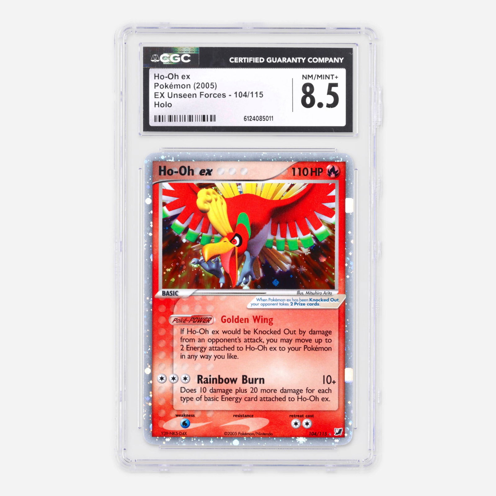 2005 Pokemon EX Unseen Forces 104/115 Ho-Oh ex Holo Trading Card CGC 8.5: 2005 Pokemon EX Unseen Forces 104/115 Ho-Oh ex Holo Trading Card CGC 8.5 USA, 2005 CGC#: 6124085011 Population: 31 In 8.5, 55 Higher