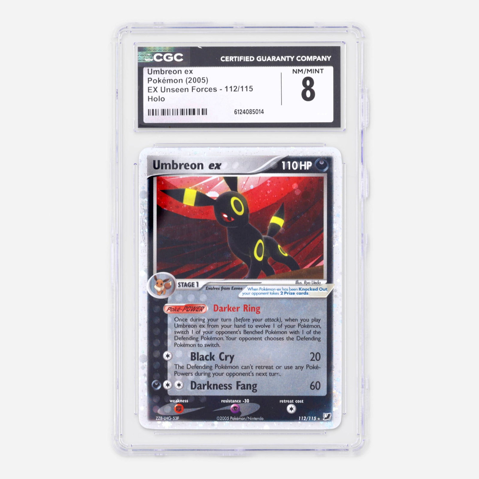 2005 Pokemon EX Unseen Forces 112/115 Umbreon ex Holo Trading Card CGC 8: 2005 Pokemon EX Unseen Forces 112/115 Umbreon ex Holo Trading Card CGC 8 USA, 2005 CGC#: 6124085014 Population: 38 In 8, 92 Higher