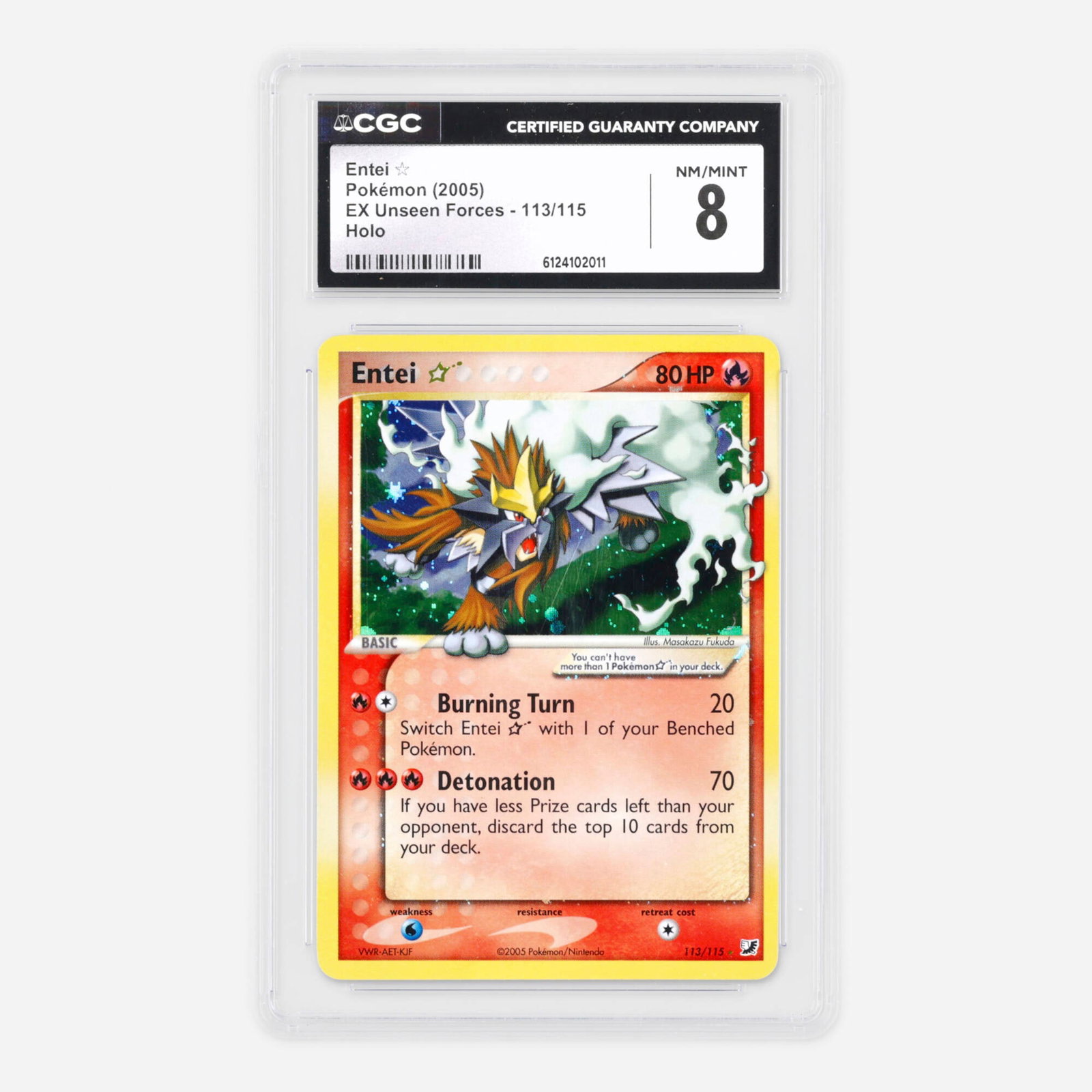 2005 Pokemon EX Unseen Forces 113/115 Entei ? Gold Star Holo Trading Card CGC 8: 2005 Pokemon EX Unseen Forces 113/115 Entei ? Gold Star Holo Trading Card CGC 8 USA, 2005 CGC#: 6124102011 Population: 62 In 8, 687 Higher