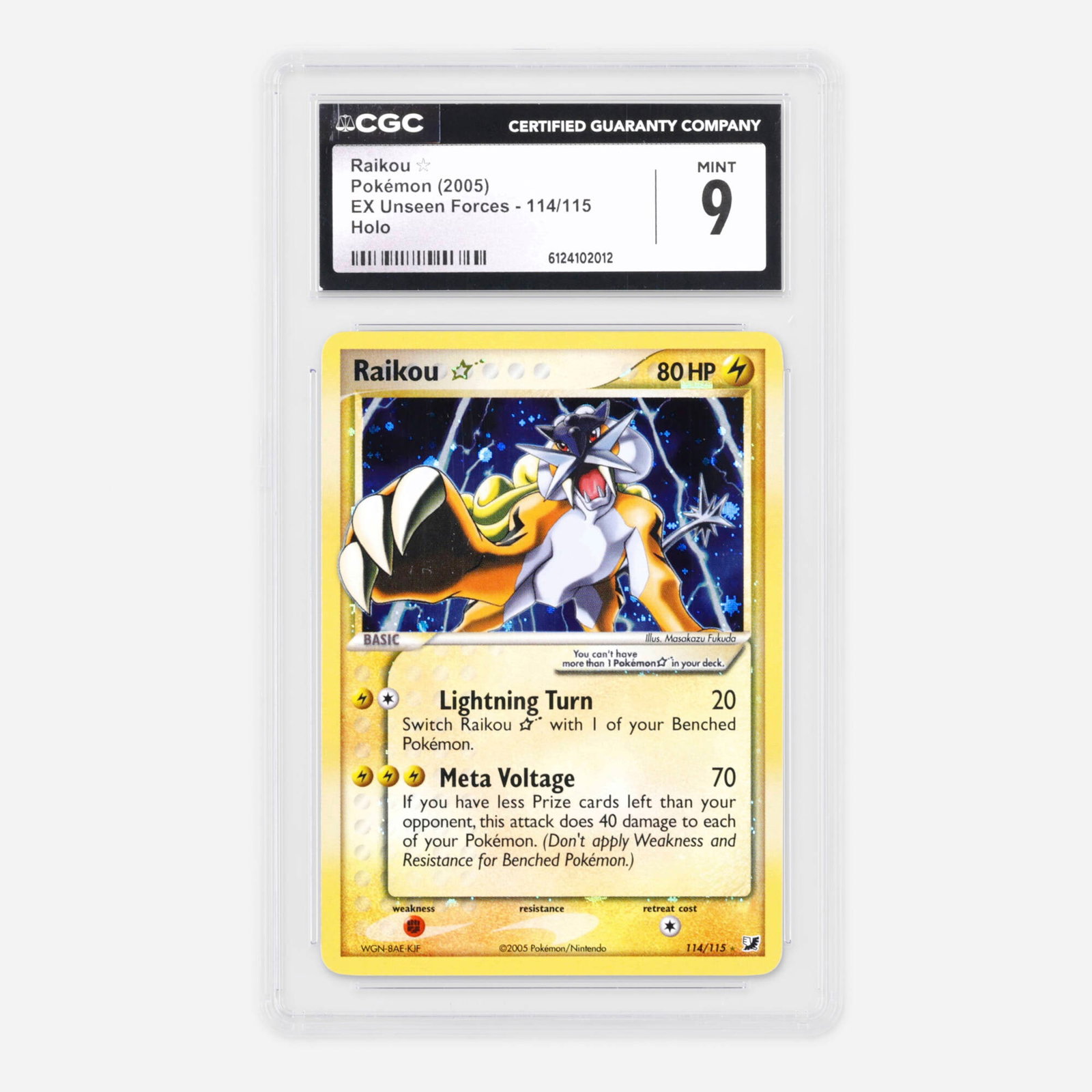 2005 Pokemon EX Unseen Forces 114/115 Raikou ? Gold Star Holo Trading Card CGC 9: 2005 Pokemon EX Unseen Forces 114/115 Raikou ? Gold Star Holo Trading Card CGC 9 USA, 2005 CGC#: 6124102012 Population: 248 In 9, 342 Higher