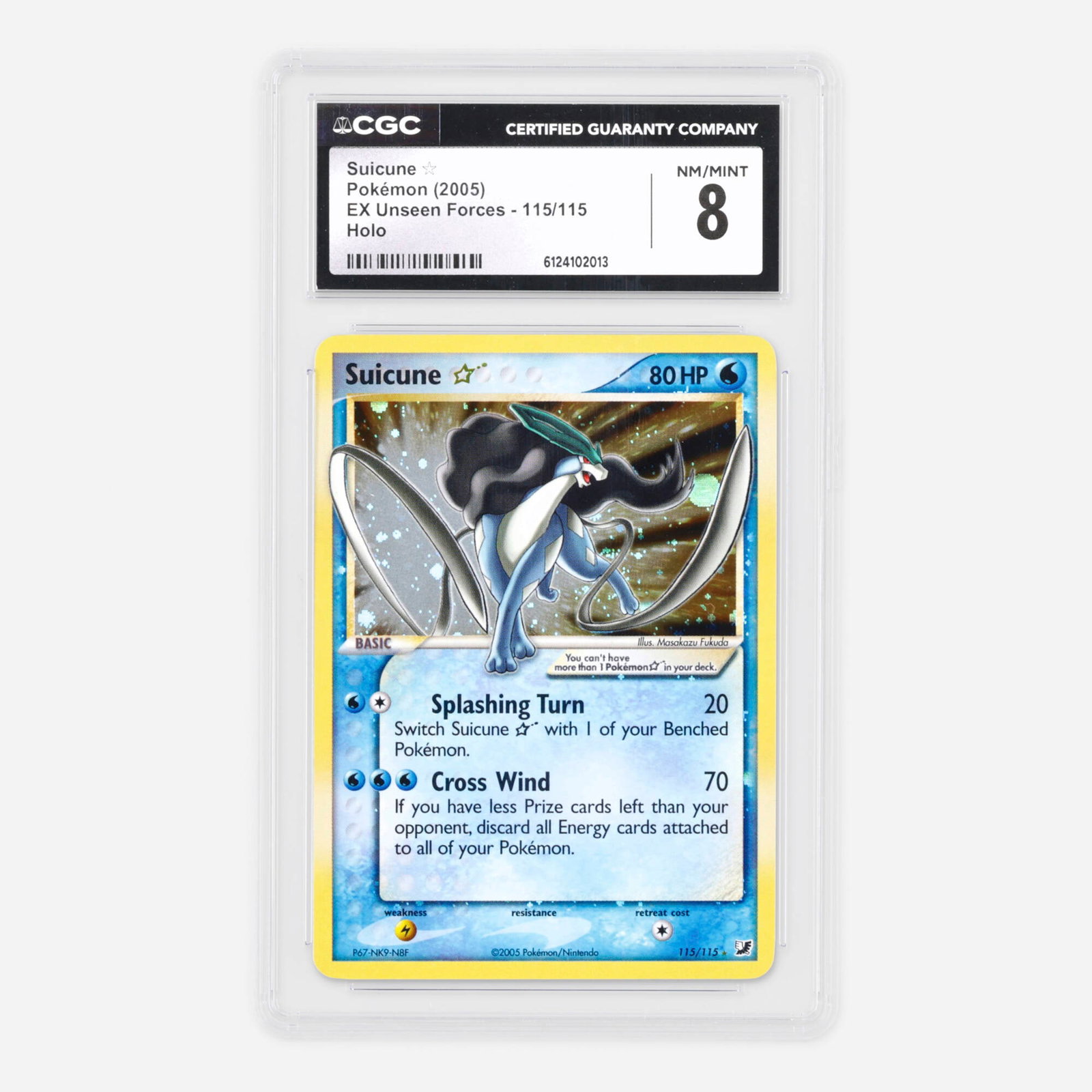 2005 Pokemon EX Unseen Forces 115/115 Suicune ? Gold Star Holo Trading Card CGC 8: 2005 Pokemon EX Unseen Forces 115/115 Suicune ? Gold Star Holo Trading Card CGC 8 USA, 2005 CGC#: 6124102013 Population: 36 In 8, 723 Higher