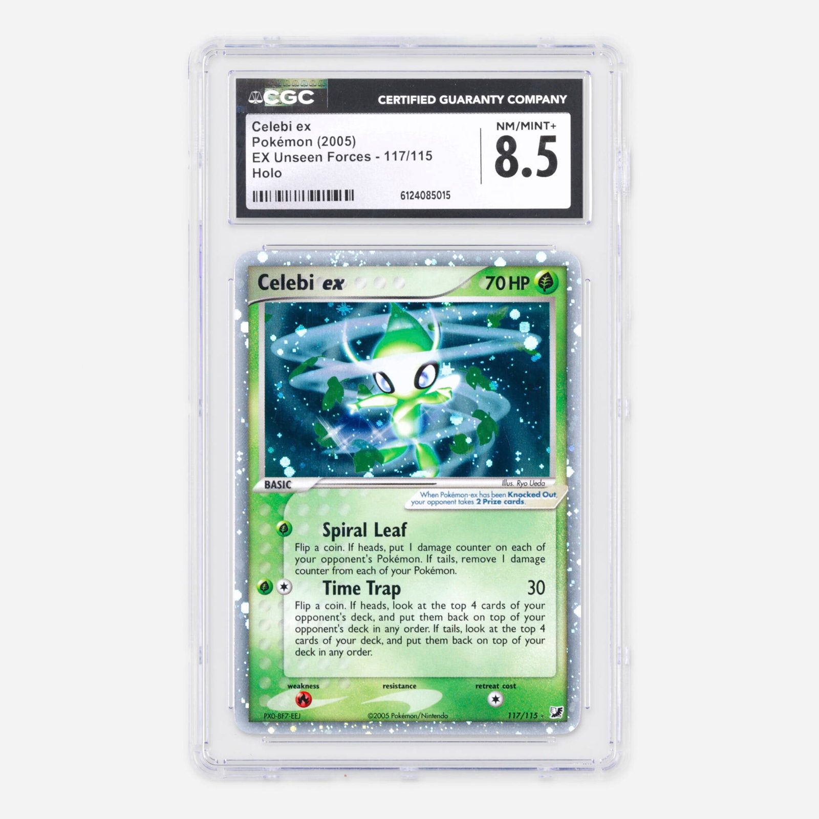 2005 Pokemon EX Unseen Forces 117/115 Celebi ex Holo Trading Card CGC 8.5: 2005 Pokemon EX Unseen Forces 117/115 Celebi ex Holo Trading Card CGC 8.5 USA, 2005 CGC#: 6124085015 Population: 23 In 8.5, 47 Higher