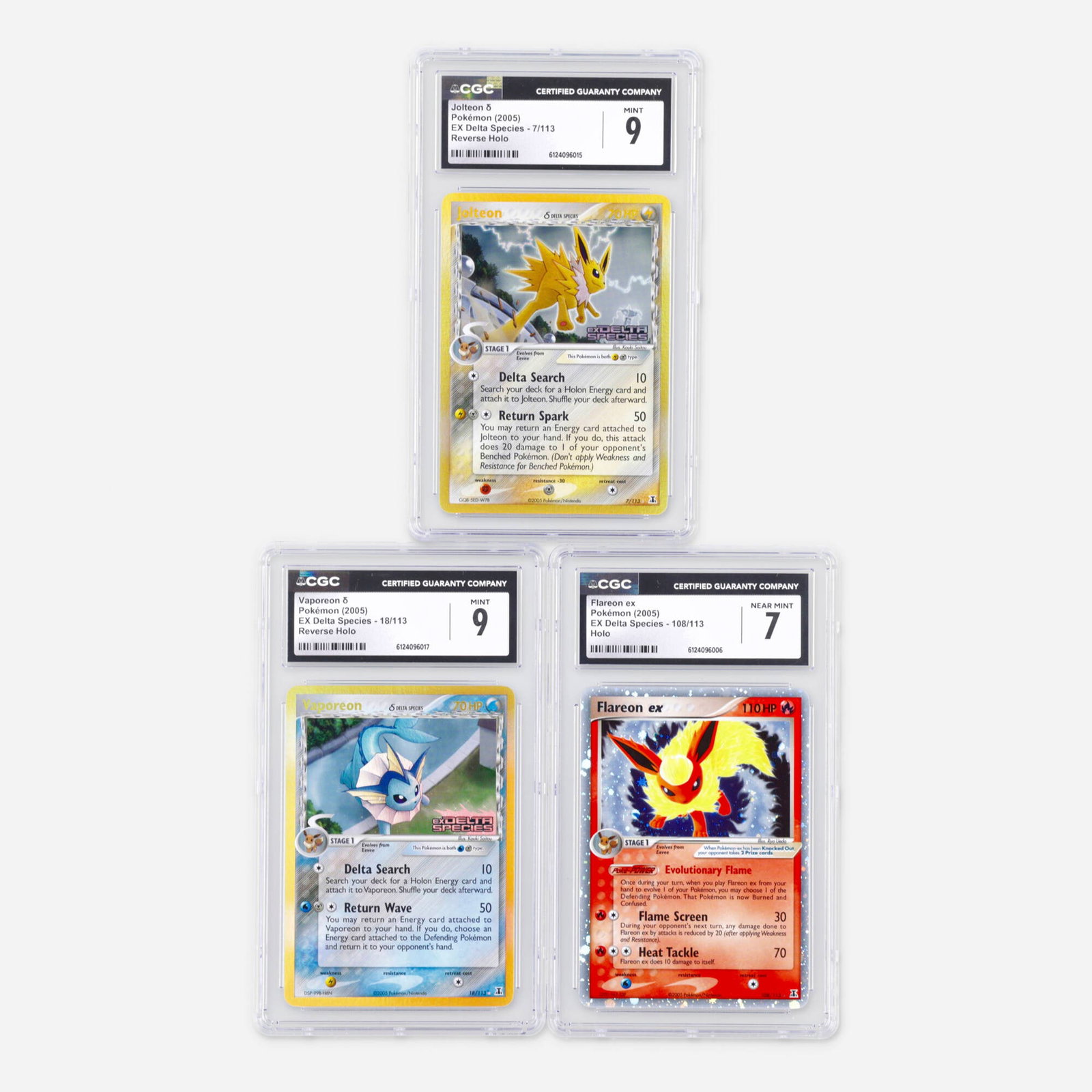 Three 2005 Pokemon EX Delta Species Eeveelution Holo and Reverse Holo CGC Trading Card Group: Three 2005 Pokemon EX Delta Species Eeveelution Holo and Reverse Holo CGC Trading Card Group USA, 2005 2005 Pokemon EX Delta Species 7/113 Jolteon ? Trading Card CGC 9 CGC#: 6124096015